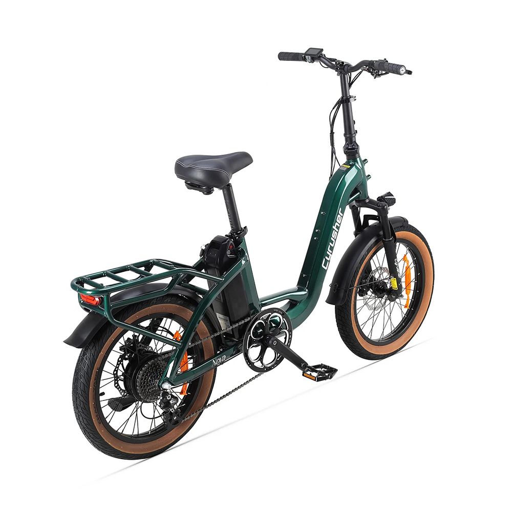 Grünes Elektrofahrrad von hinten. Gepäckträger, Sattel, und Akku sichtbar. Marke: Cyrusher.