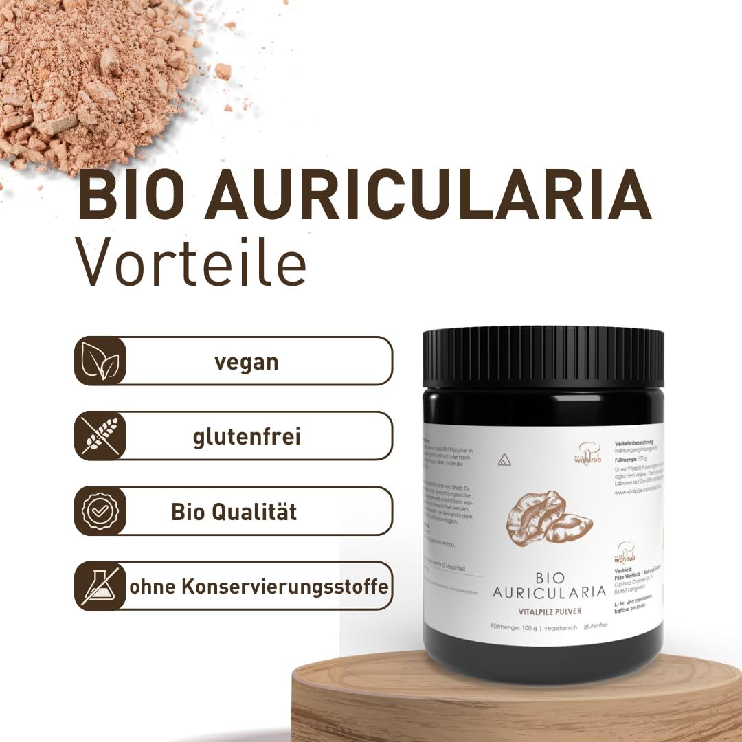 Produktvorteile: vegan, glutenfrei, Bio-Qualität, ohne Konservierungsstoffe. Dose mit BIO Auricularia Vitalpilz Pulver.