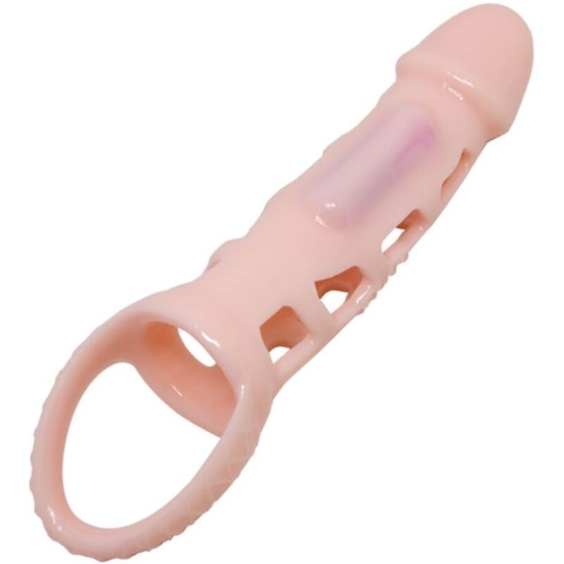 Rosa Verlängerungshülse mit Vibration. Ringförmige Basis, offene Struktur, längliche Form.