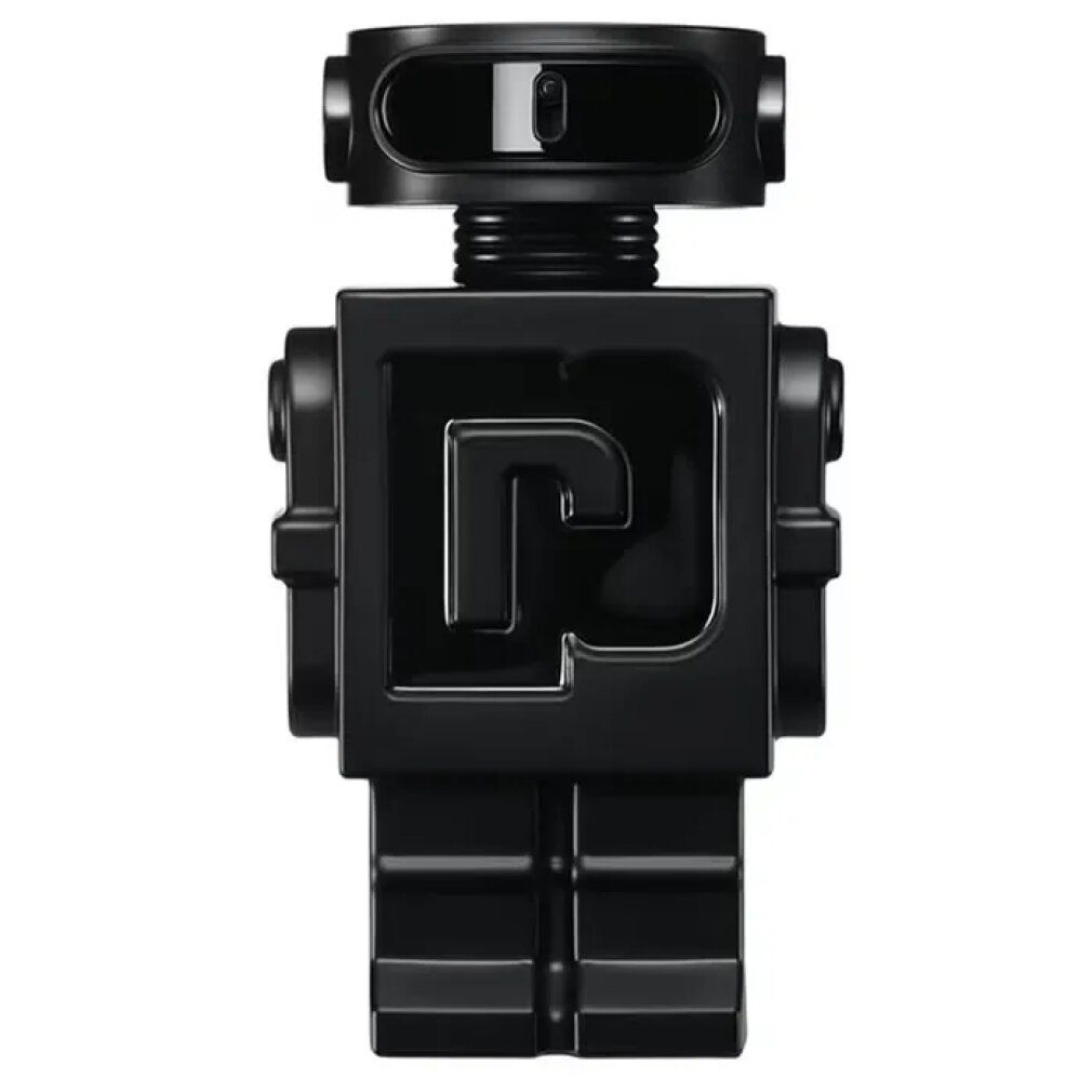 Schwarzer Flakon in Roboterform. Das Logo "P" ist auf der Brust zu sehen. Der Flakon hat einen schwarzen Deckel.