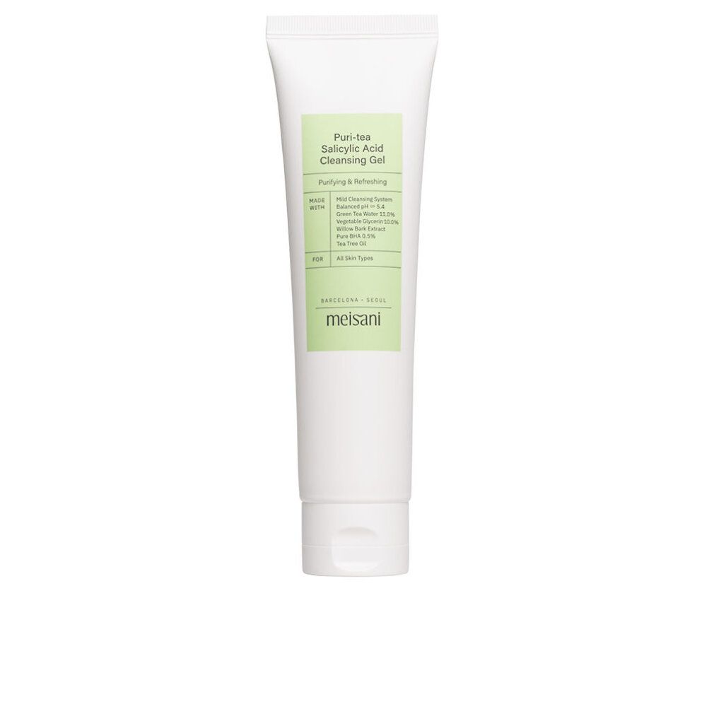 Weiße Tube mit grünem Etikett. Text: Puri-tea Salicylic Acid Cleansing Gel. Marke: meisani.