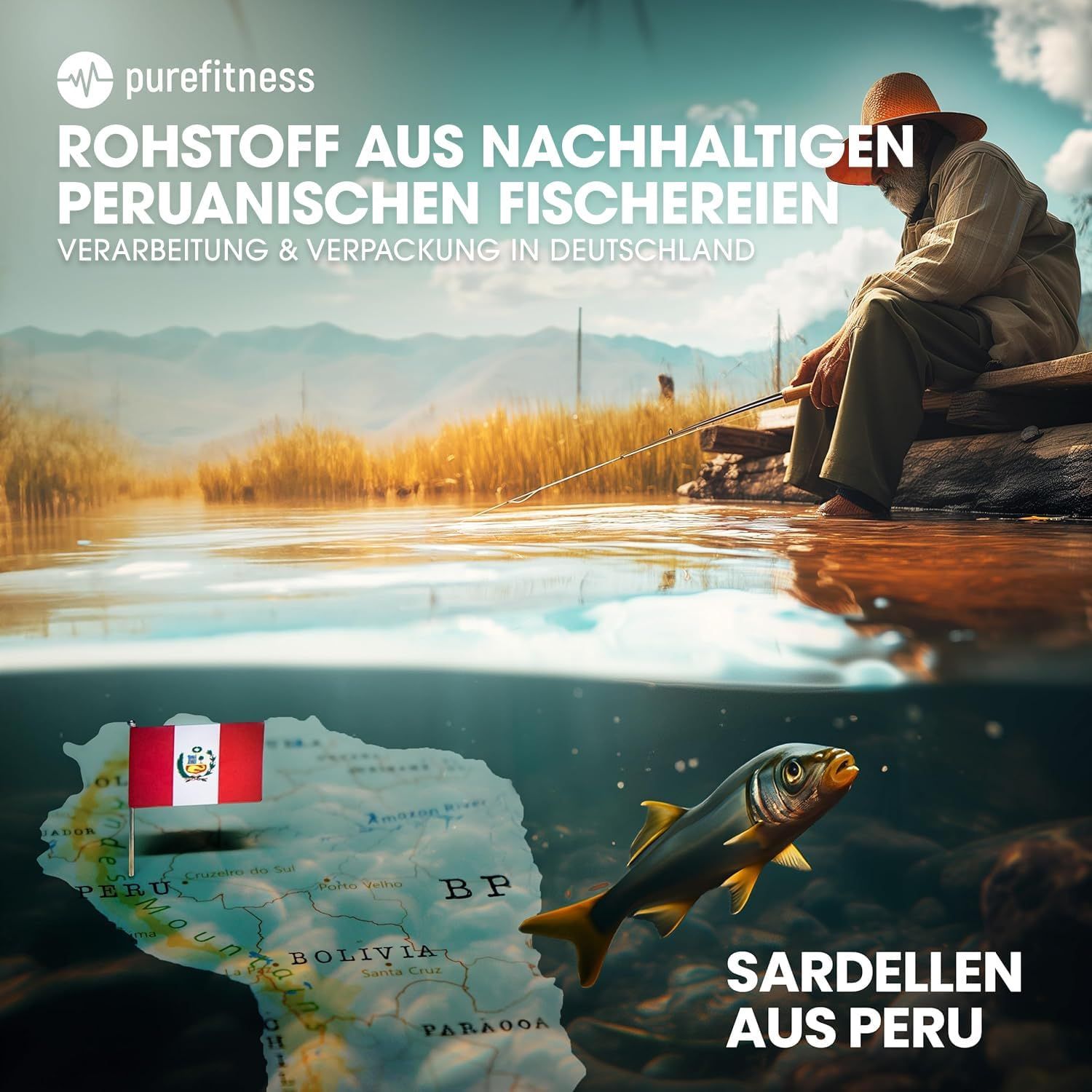 Mann fischt. Text: Rohstoff aus nachhaltigen peruanischen Fischereien. Sardellen aus Peru. Karte von Peru.