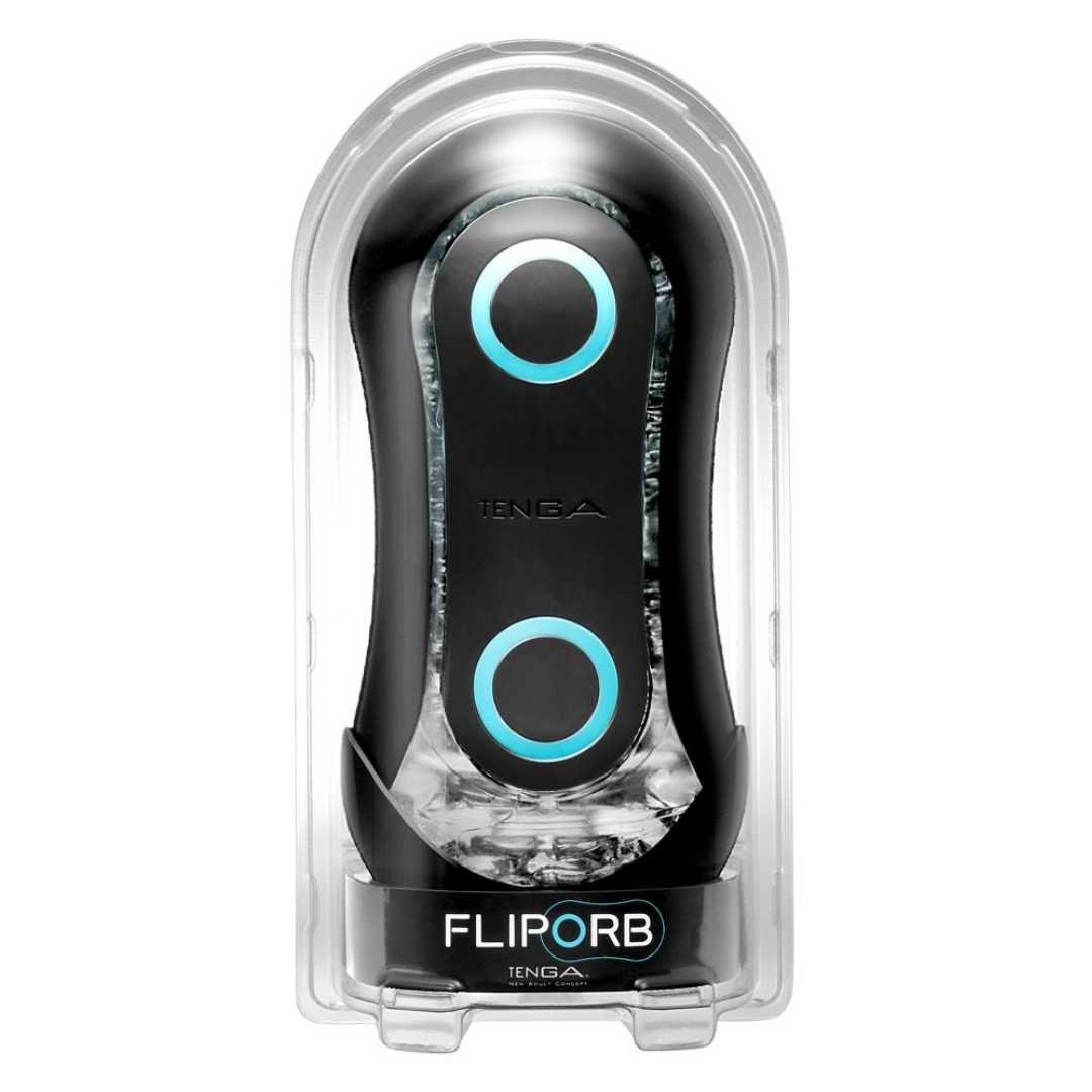 Schwarzes TENGA Flip Orb in transparenter Verpackung. Zwei blaue Kreise auf der Vorderseite. Schriftzug "FLIP ORB" und "TENGA".