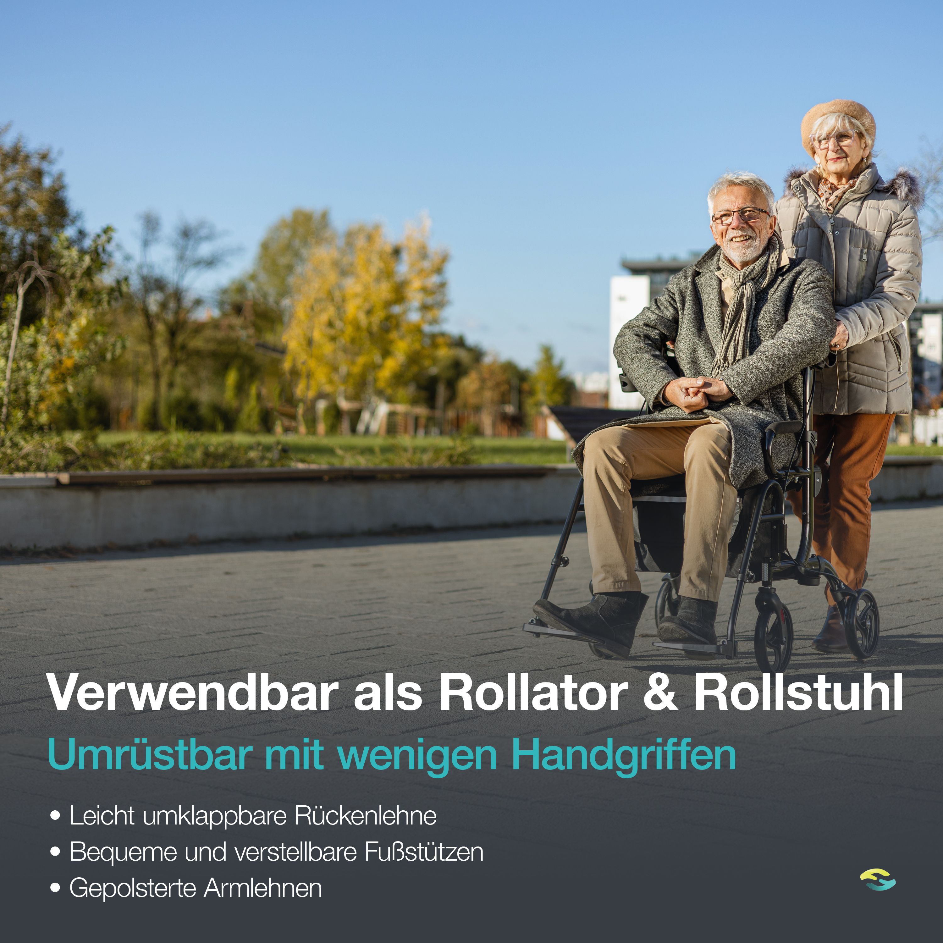 Älteres Paar im Freien, Mann sitzt im Rollator, Frau steht daneben. Text: Verwendbar als Rollator & Rollstuhl.