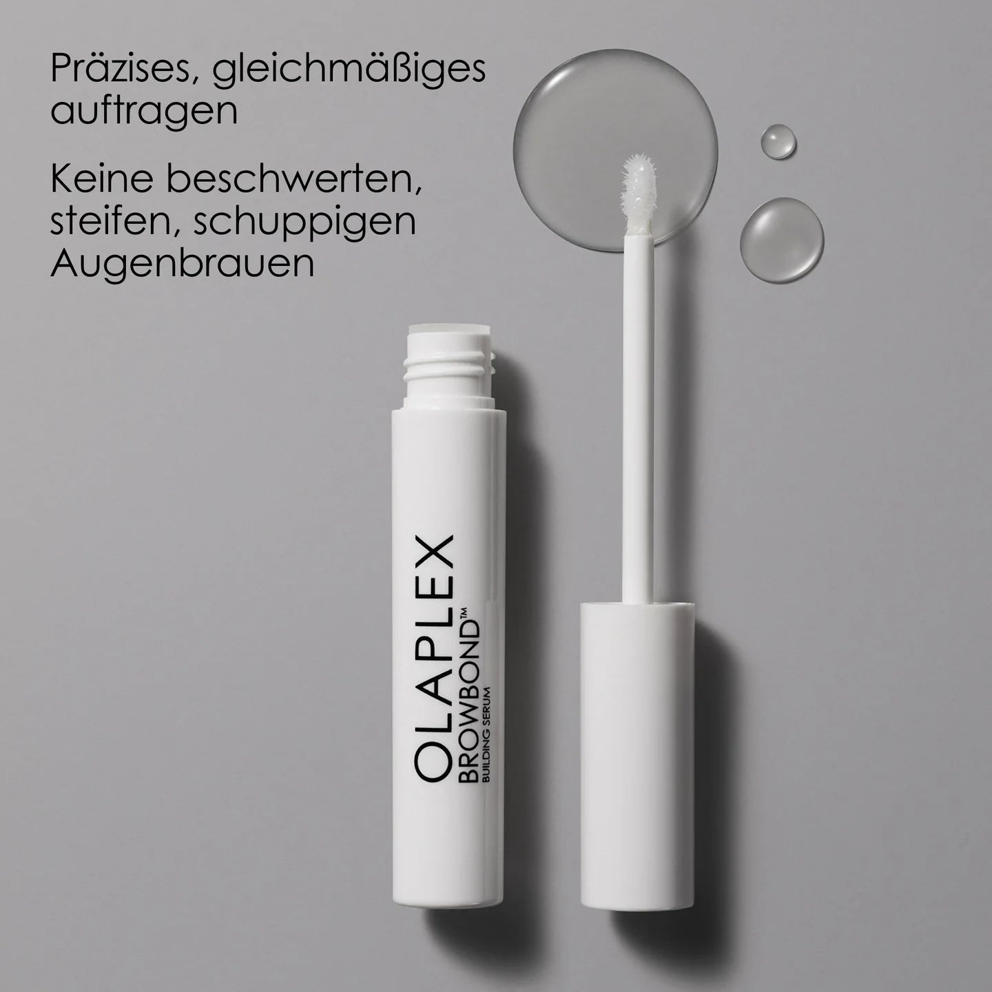Weißes Serum mit Applikator. Text über präzises Auftragen und Augenbrauenpflege.