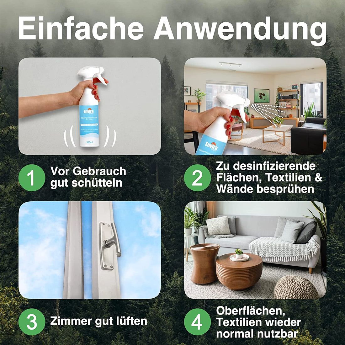 Vier Bilder zeigen die Anwendung. 1: Schütteln. 2: Besprühen. 3: Lüften. 4: Textilien wieder nutzbar. Hintergrund: Wald.