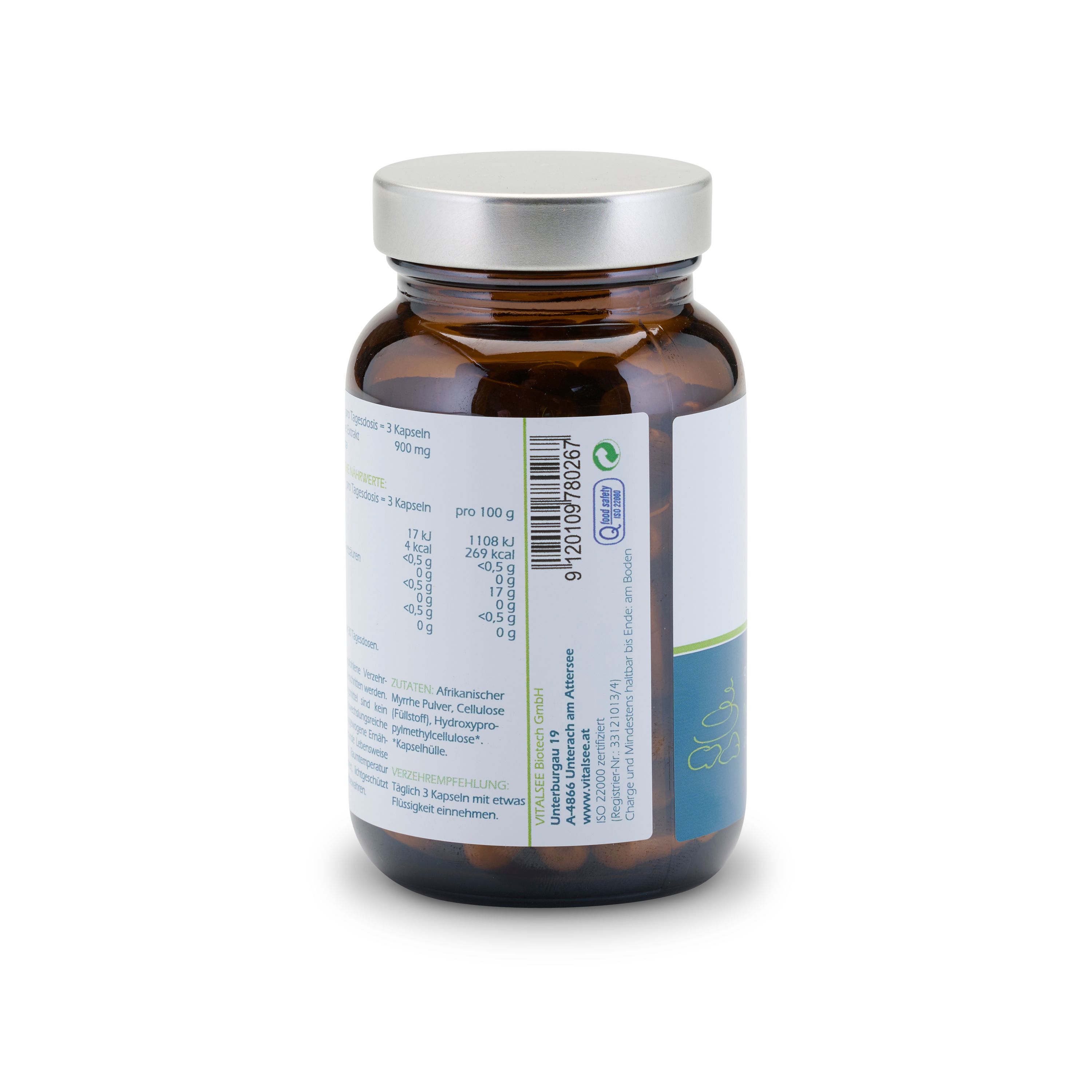 Rückseite der Flasche mit Nährwertangaben und Inhaltsstoffen. Text in deutscher Sprache.