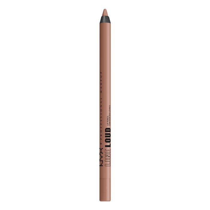 Lippenstift in Nude-Farbe. Aufschrift: NYX PROFESSIONAL MAKEUP LINE LOUD LIP PENCIL. Spitze und Stiftende dunkelbraun.