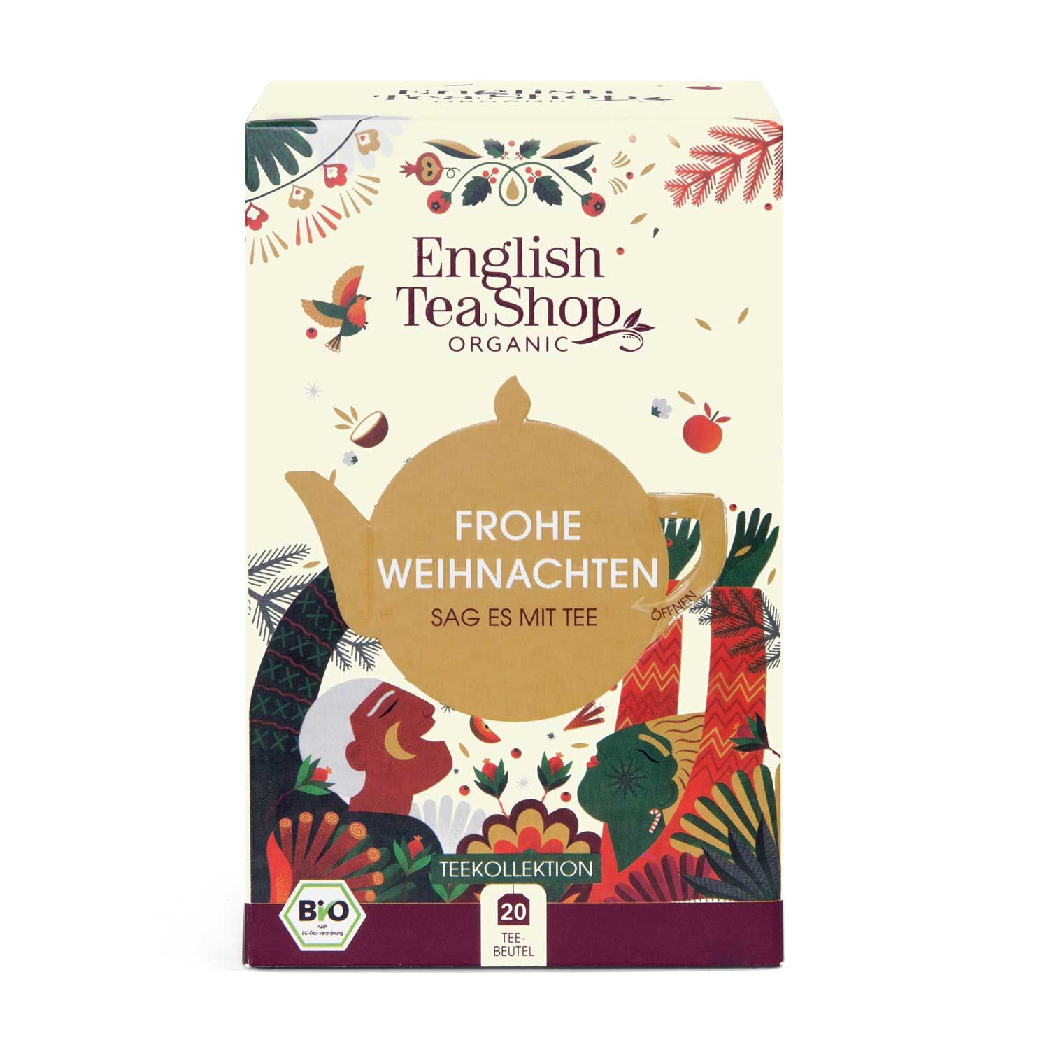 Teegeschenkbox mit Aufschrift "Frohe Weihnachten". Enthält 20 Teebeutel. Bio-Zertifizierung. English Tea Shop Logo.