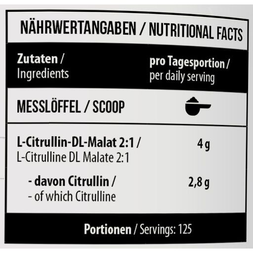 Nährwertangaben auf weißem Hintergrund. Enthält L-Citrullin-DL-Malat 2:1, 4g pro Portion. 125 Portionen.