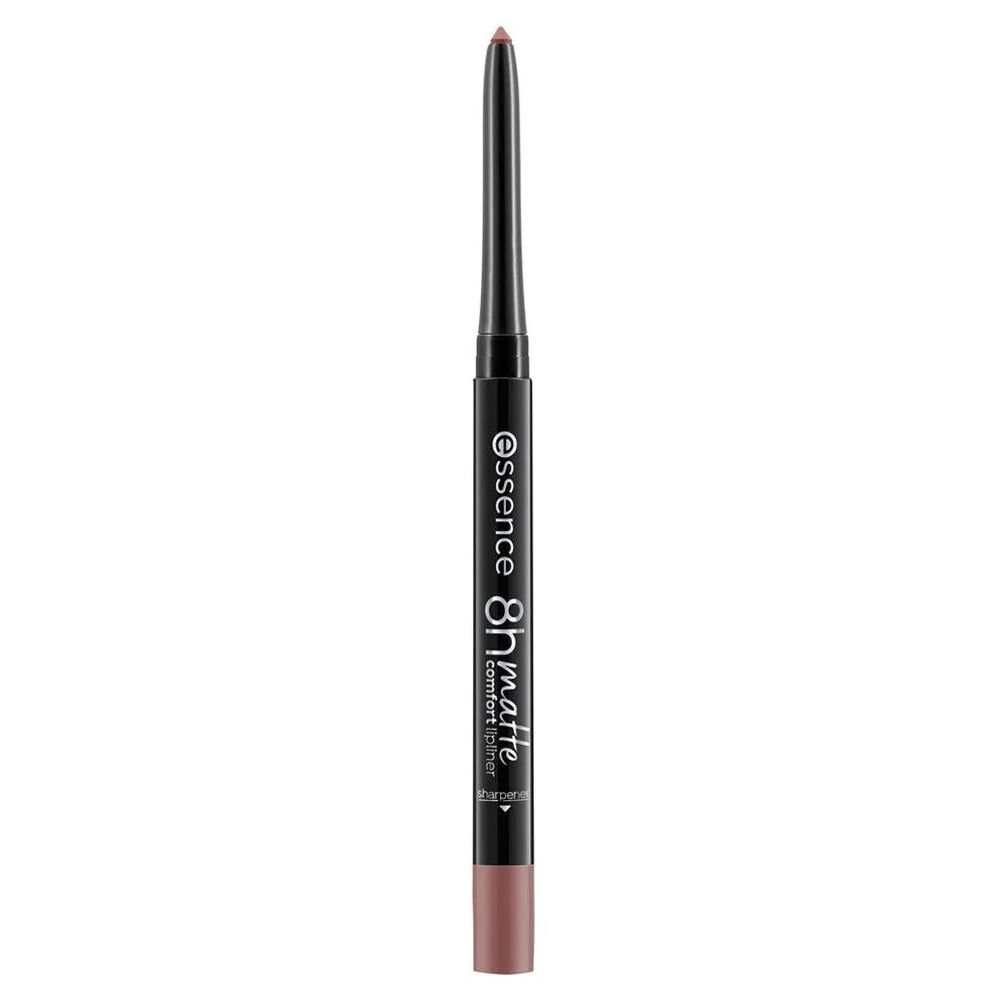 Lippenstiftstift mit schwarzem Gehäuse. Aufschrift: essence 8h matte comfort liner. Spitze und Stiftende in Rosa.