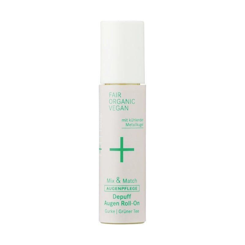 Zylindrische Flasche mit weißem Deckel. Aufschrift: FAIR ORGANIC VEGAN, grünes Pluszeichen, Mix & Match, Augenpflege, Depuff Augen Roll-On.