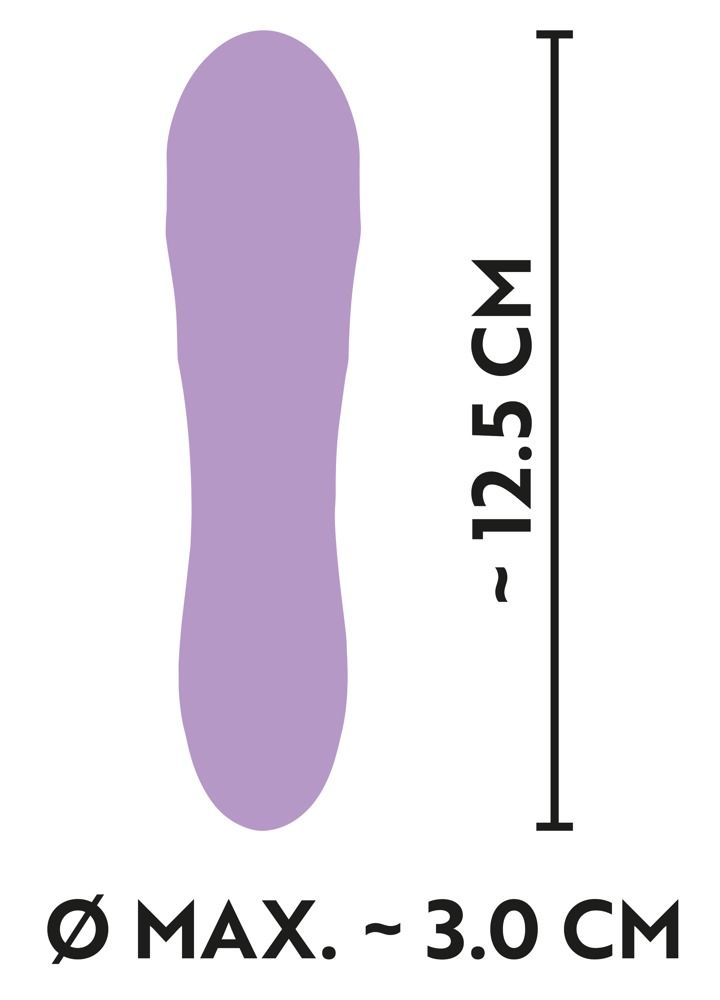 Abbildung der Abmessungen eines lila Mini-Vibrators: Länge ca. 12,5 cm, maximaler Durchmesser ca. 3 cm.