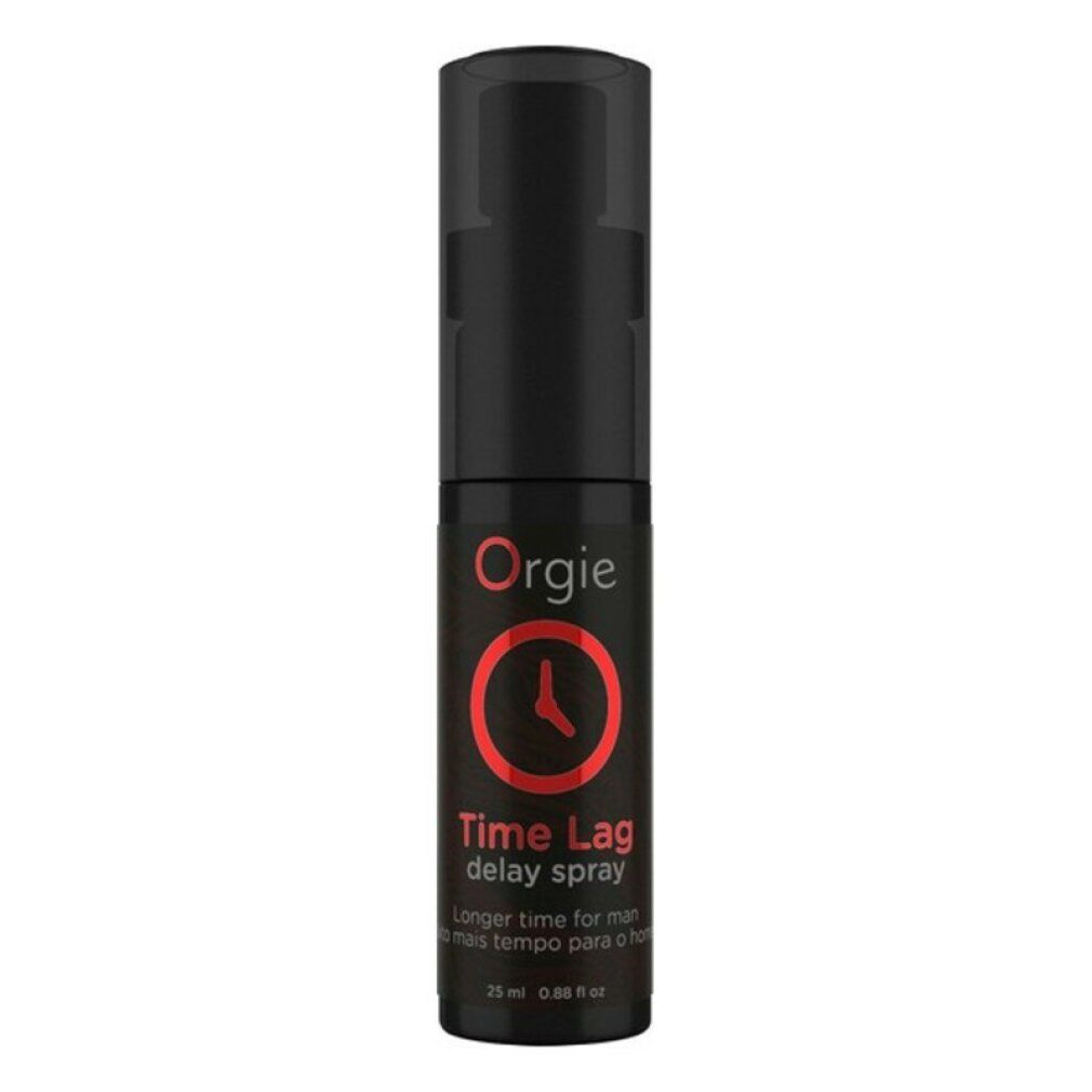 Schwarze Sprühflasche mit rotem Logo und Schriftzug. Produktname: Time Lag Delay Spray. 25 ml.