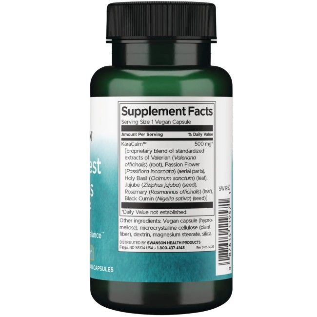 Rückseite einer dunkelgrünen Flasche mit Supplement Facts, die Inhaltsstoffe und Dosierung auflisten.