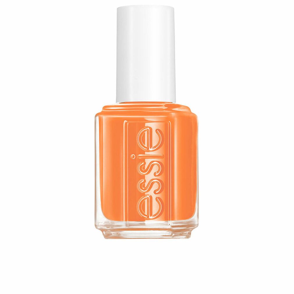 Nagellackflasche mit orangefarbenem Lack und weißem Deckel. Der Markenname „essie“ ist auf der Flasche sichtbar.