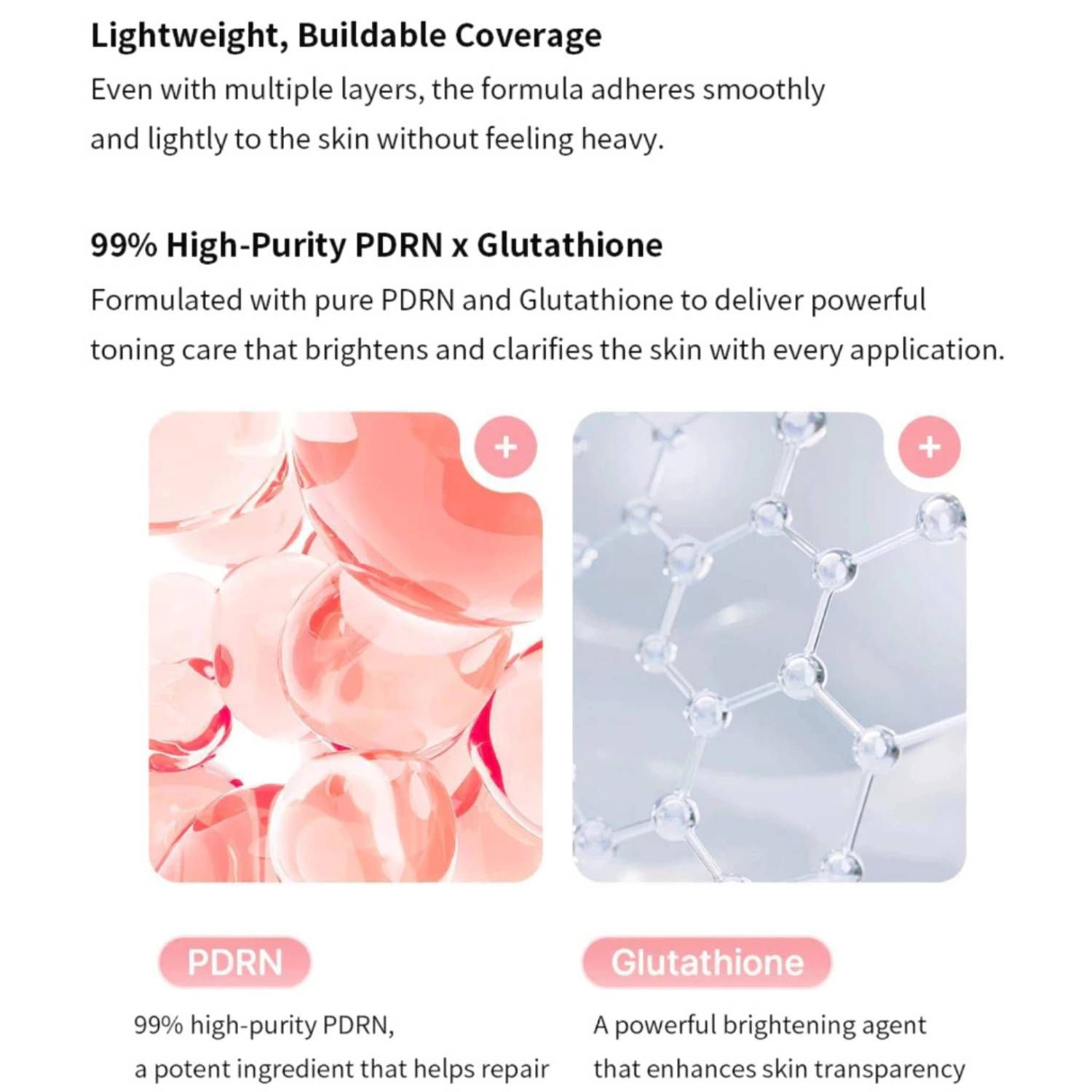 Text: Lightweight, Buildable Coverage. 99% High-Purity PDRN x Glutathion. Rosa und graue Elemente.