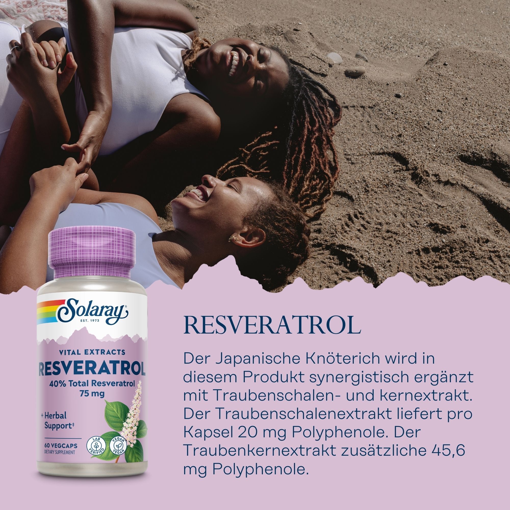 Solaray Resveratrol-Flasche mit lila Deckel. Aufschrift: Resveratrol, 40% Total Resveratrol, 75 mg. 60 Vegicaps.