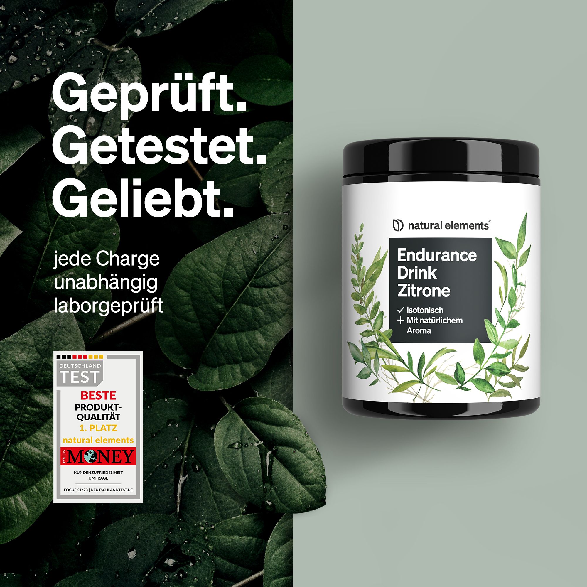 Schwarze Dose mit weißem Etikett. Aufschrift: Endurance Drink Zitrone. Mit Blättern verziert. Logo: natural elements. Auszeichnung.