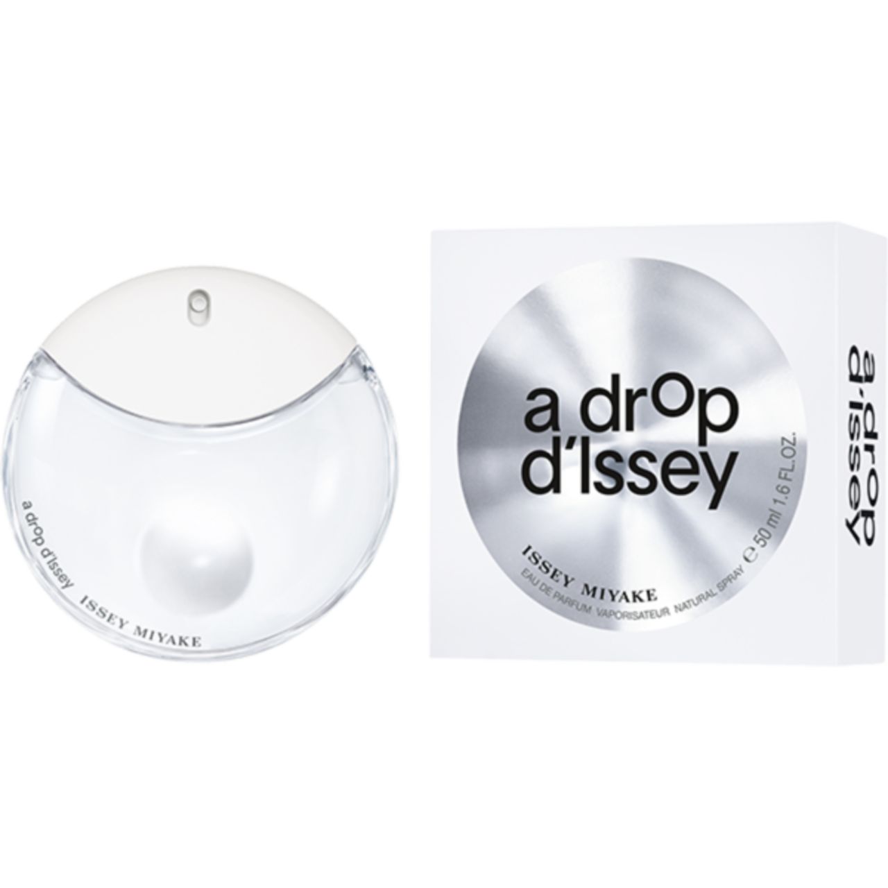 Runder Flakon und Verpackung. Aufschrift: a drop d'Issey, Issey Miyake. 50 ml.