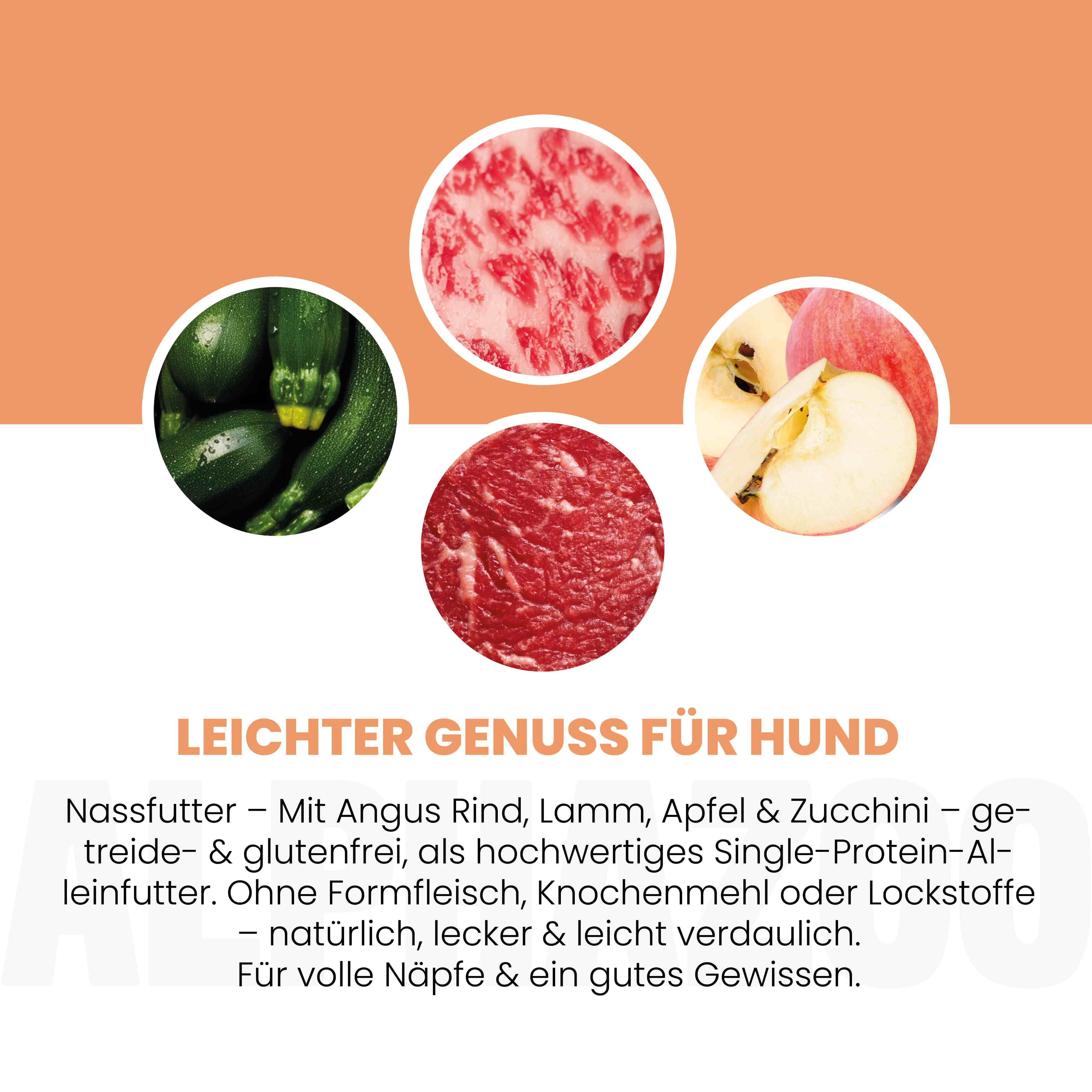 Kreisförmige Abbildungen von Zucchini, Fleisch, Apfel. Text: Nassfutter mit Angus Rind, Lamm, Apfel & Zucchini - getreide- & glutenfrei. Ohne Formfleisch.