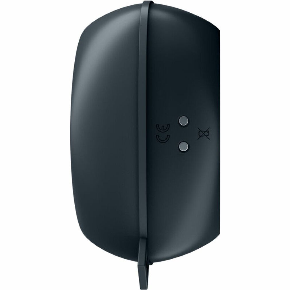 Dunkelgraues Gerät, seitliche Ansicht. Bedienknöpfe und CE-Kennzeichnung. Kleines Logo an der Seite.