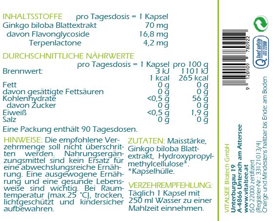 Nahaufnahme des Etiketts einer Nahrungsergänzungsmittel-Flasche. Enthält Informationen zu Inhaltsstoffen und Nährwerten. Marke "vitalsee".