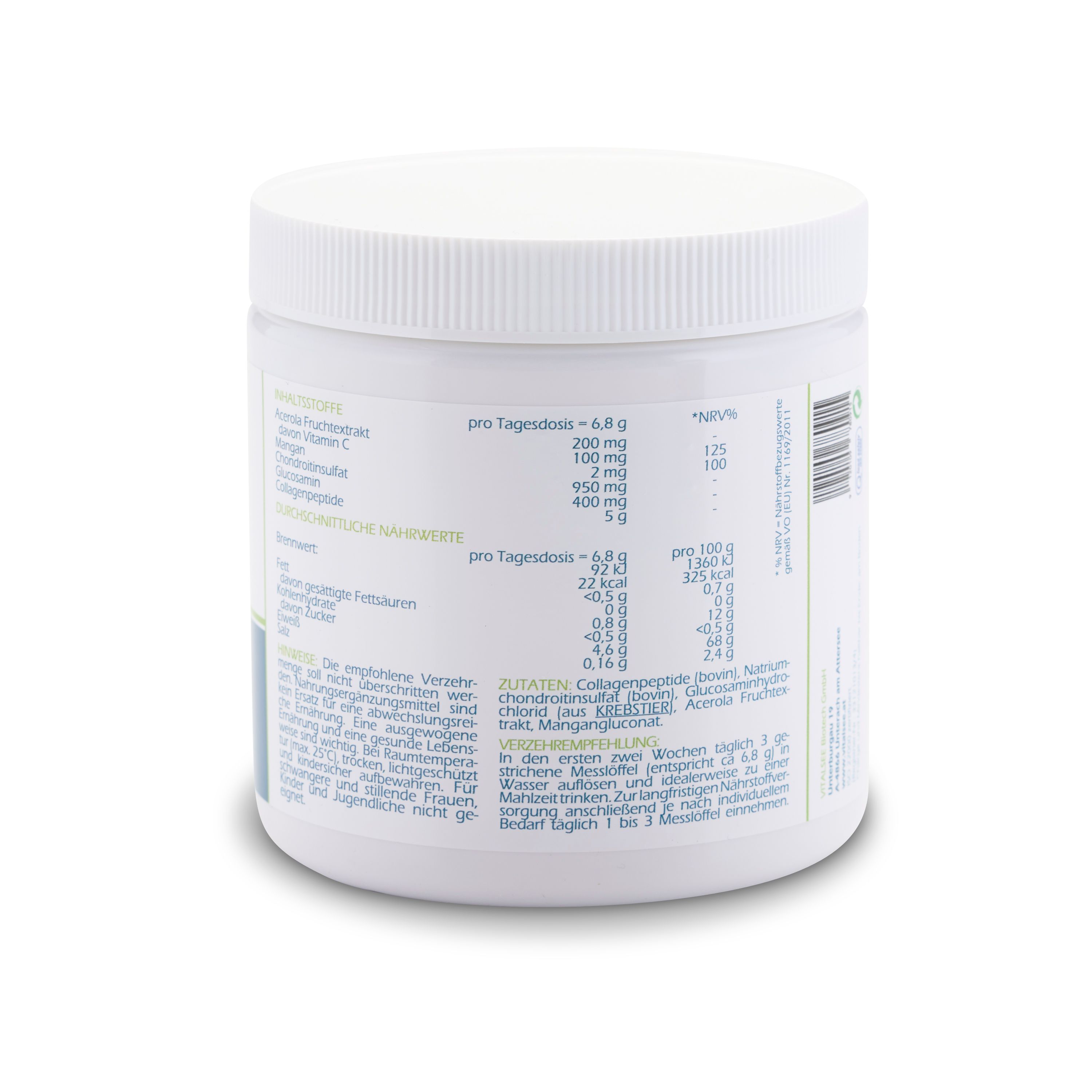 Rückseite des weißen Produktglases. Enthält Nährwertangaben und Zutatenliste. Barcode und grüne Kennzeichnungen.