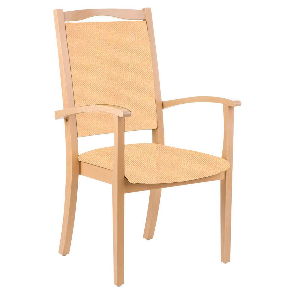 Seniorenstuhl mit Armlehnen. Holzrahmen, gepolsterte Sitzfläche und Rückenlehne in hellem Orange.