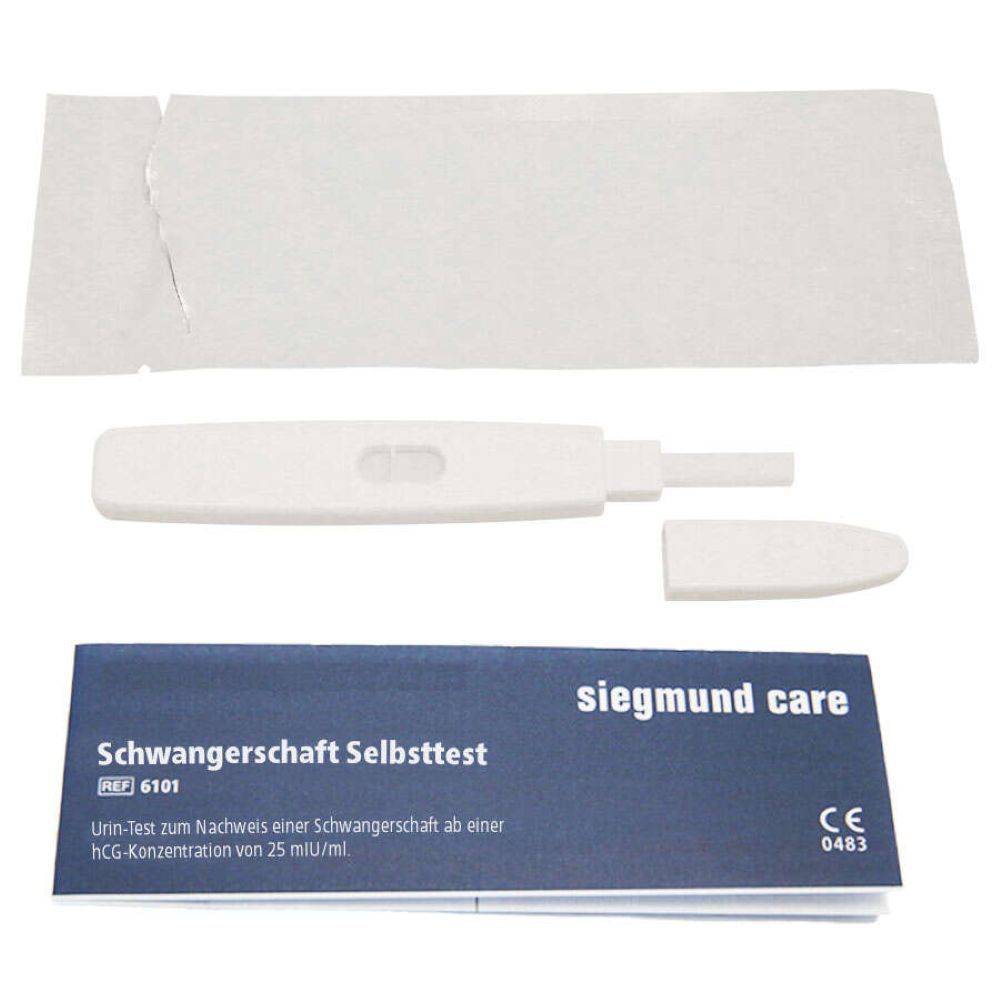 Schwangerschaft Selbsttest, weißes Testgerät, Beutel, Gebrauchsanweisung. Marke: siegmund care. CE-Kennzeichnung.