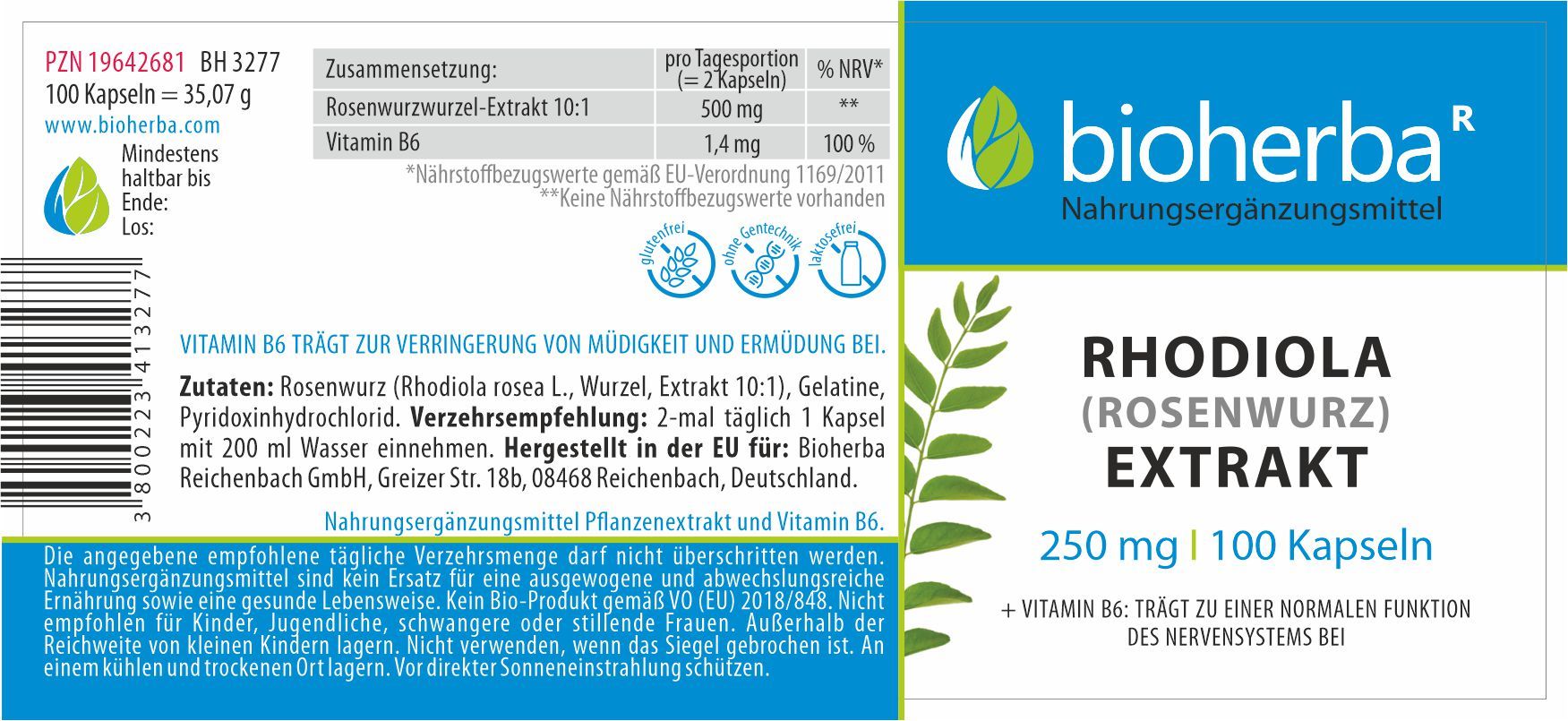 Etikett mit Produktinformationen. Bioherba Rhodiola Extrakt Kapseln, 250 mg, 100 Kapseln. Enthält Vitamin B6. Zutatenliste und Nährwertangaben.
