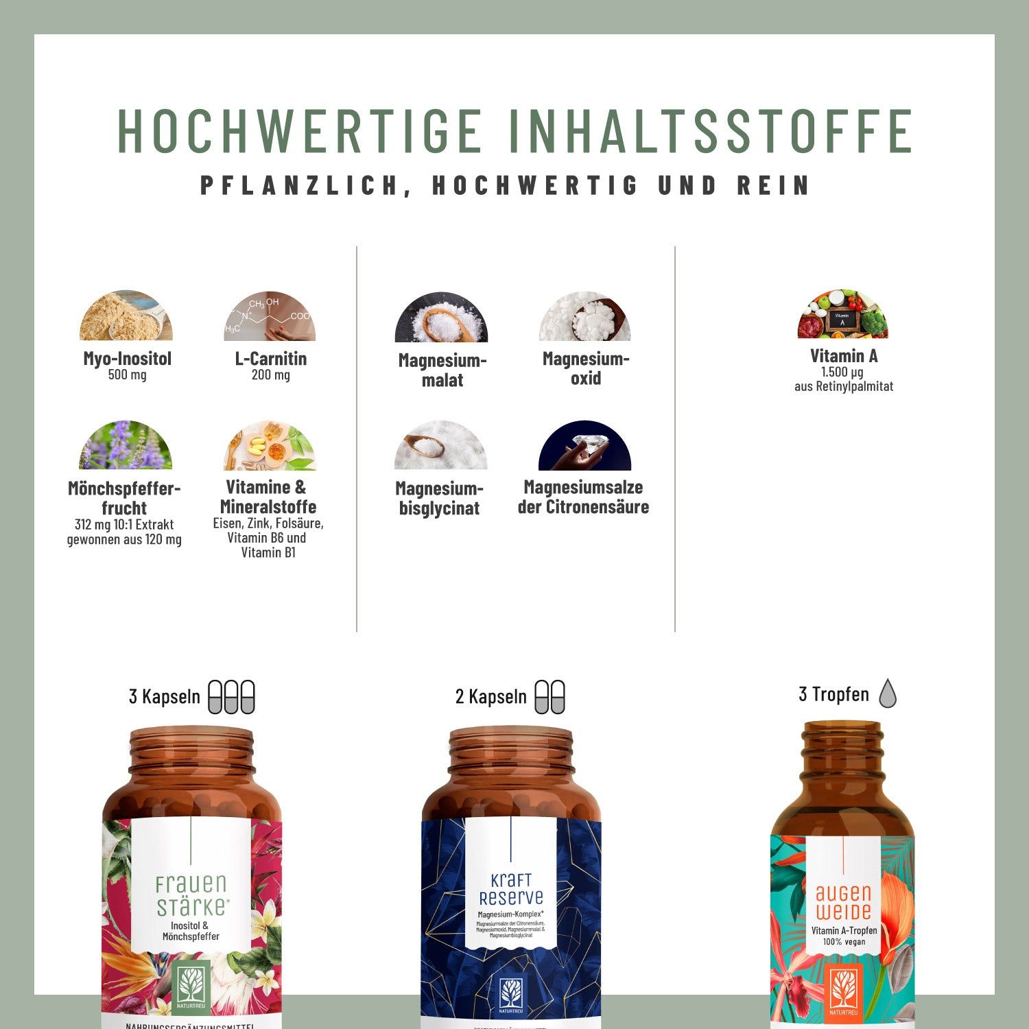 Infografik mit Inhaltsstoffen. Kapseln und Tropfen. FRAUENSTÄRKE, KRAFT RESERVE, AUGENWEIDE. Hochwertige Inhaltsstoffe. Pflanzlich, hochwertig und rein.