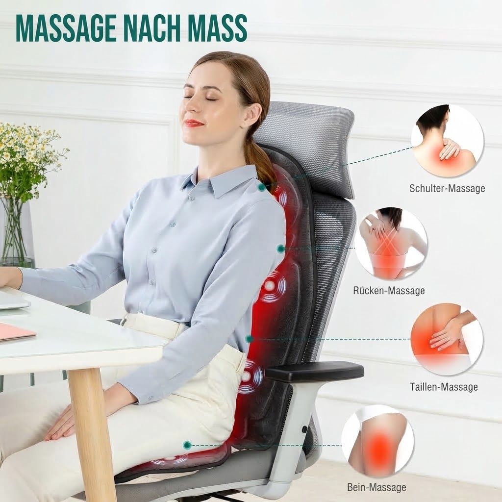 Massageauflage mit Wärme und Massagezonen für verschiedene Körperbereiche.