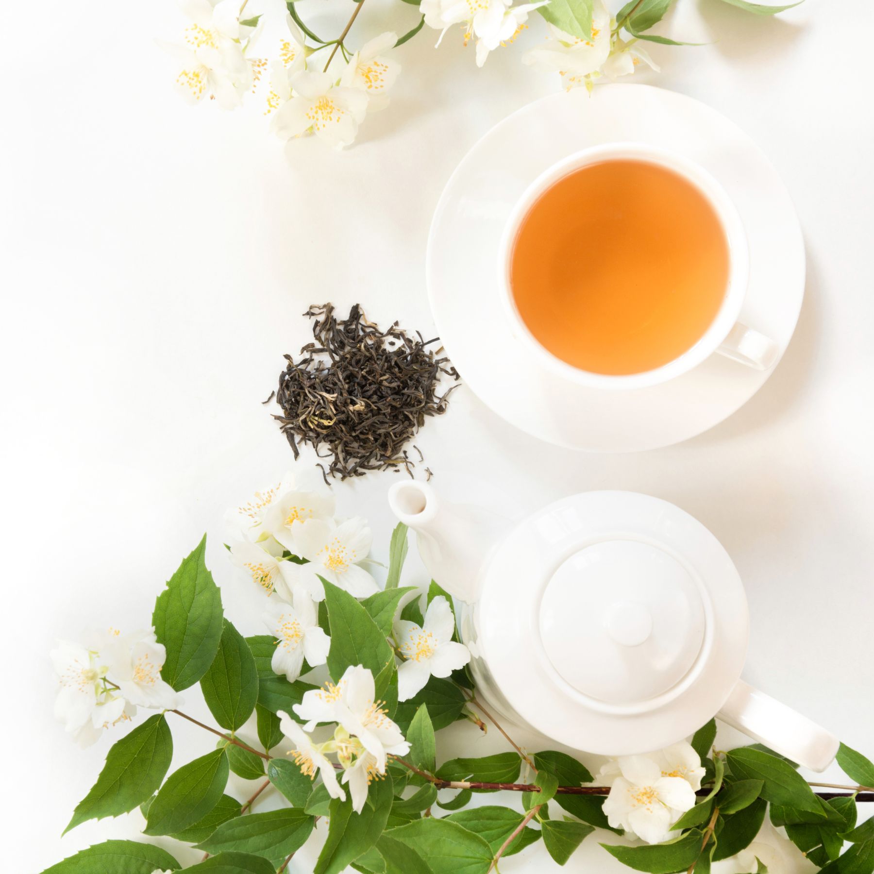 Tasse Tee, Teekanne, loser Tee und Jasminblüten auf weißem Hintergrund. Tee in Tasse, Teekanne, Blätter und Blüten.