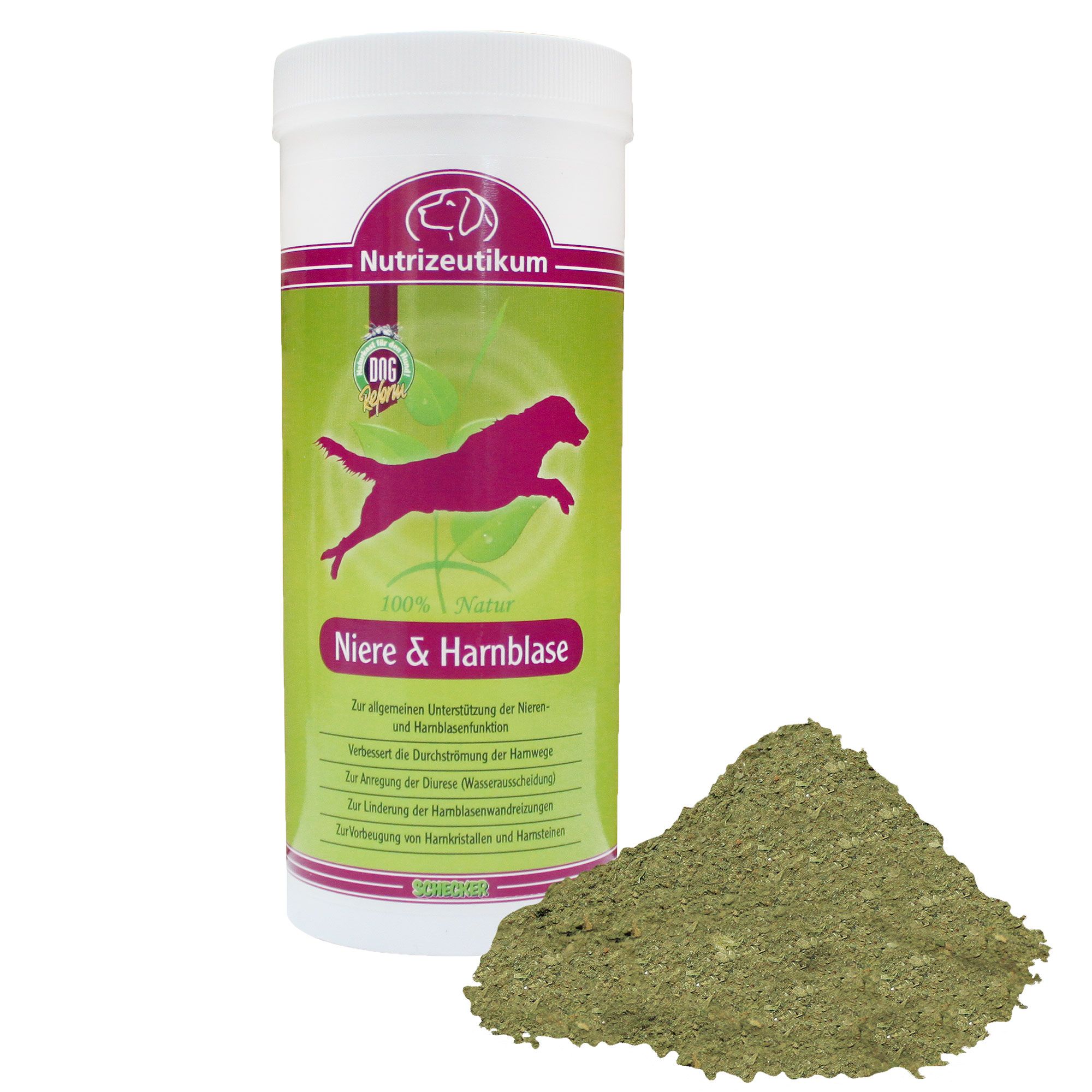 Zylindrische Dose mit Etikett und Haufen Pulver. Aufschrift "Nutrizeutikum Nieren & Harnblase". Logo: springender Hund. Grün-weißes Design.