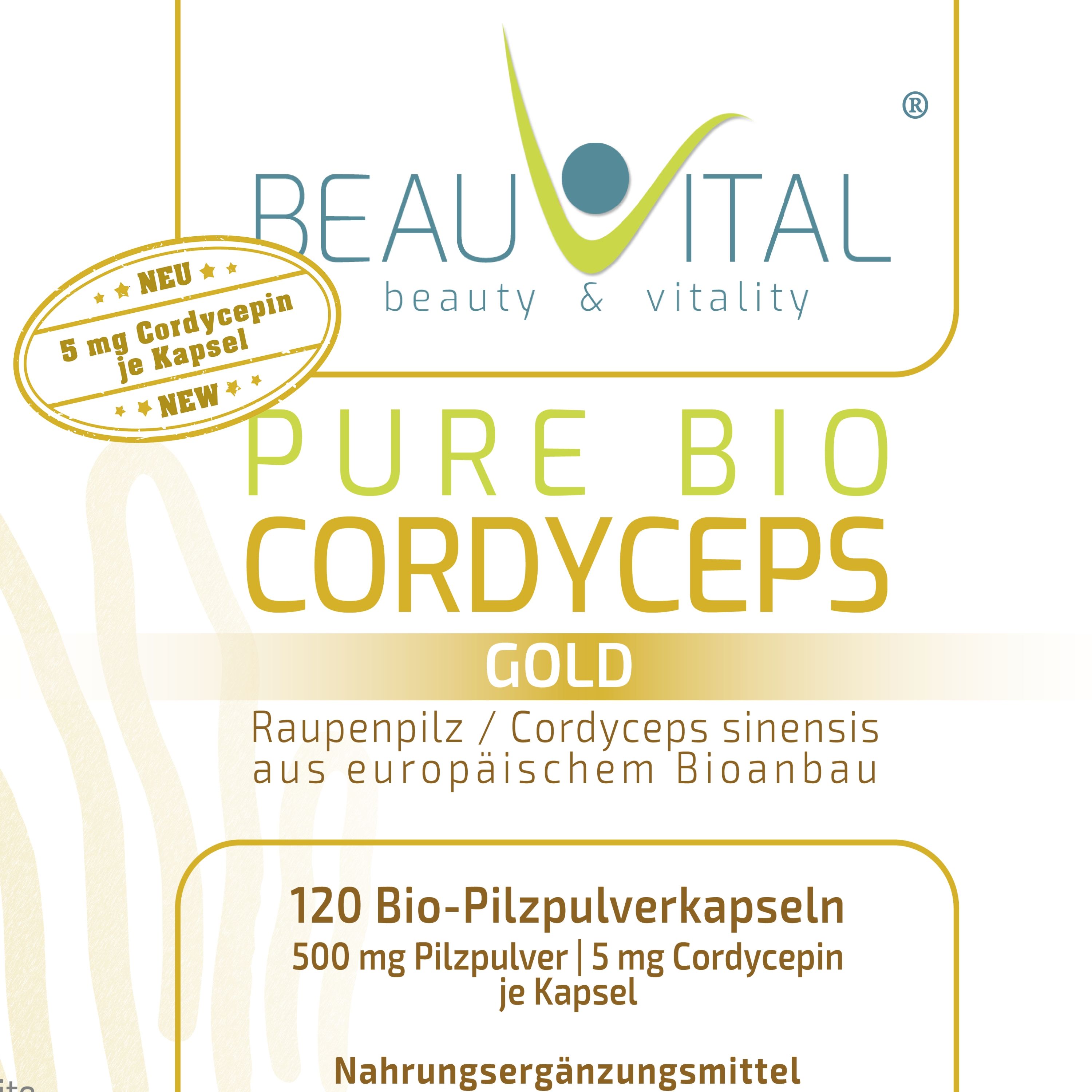 BEAUVITAL® Pure Bio Cordyceps Gold Kapseln: Weißer Behälter mit Etikett, zwei Kapseln, Moos und getrockneten Cordyceps-Pilzen.