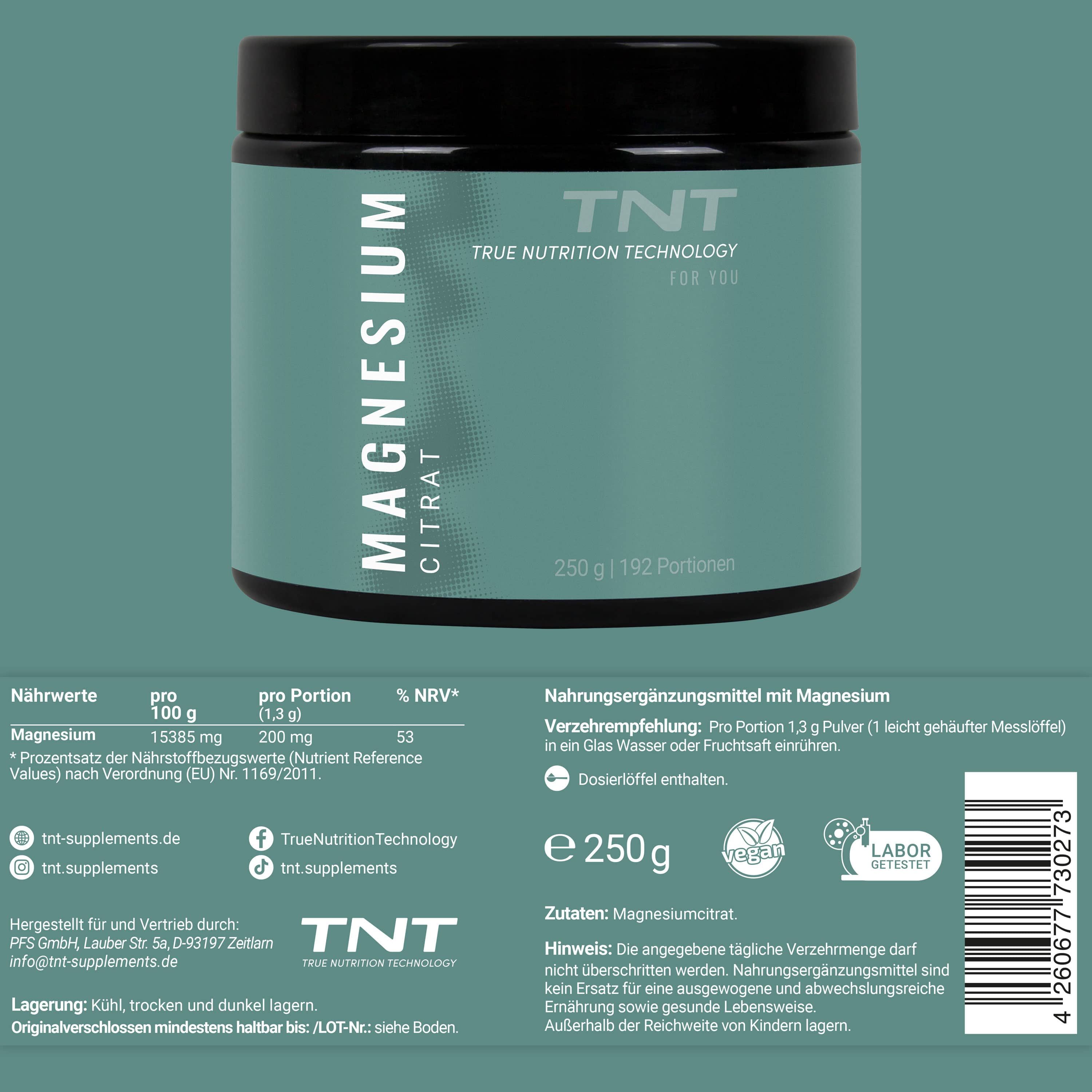 TNT Magnesium Citrat Dose. Nährwerttabelle und Informationen. Enthält: 250g, Magnesiumcitrat, Labor-Siegel, Dosierlöffel-Symbol.