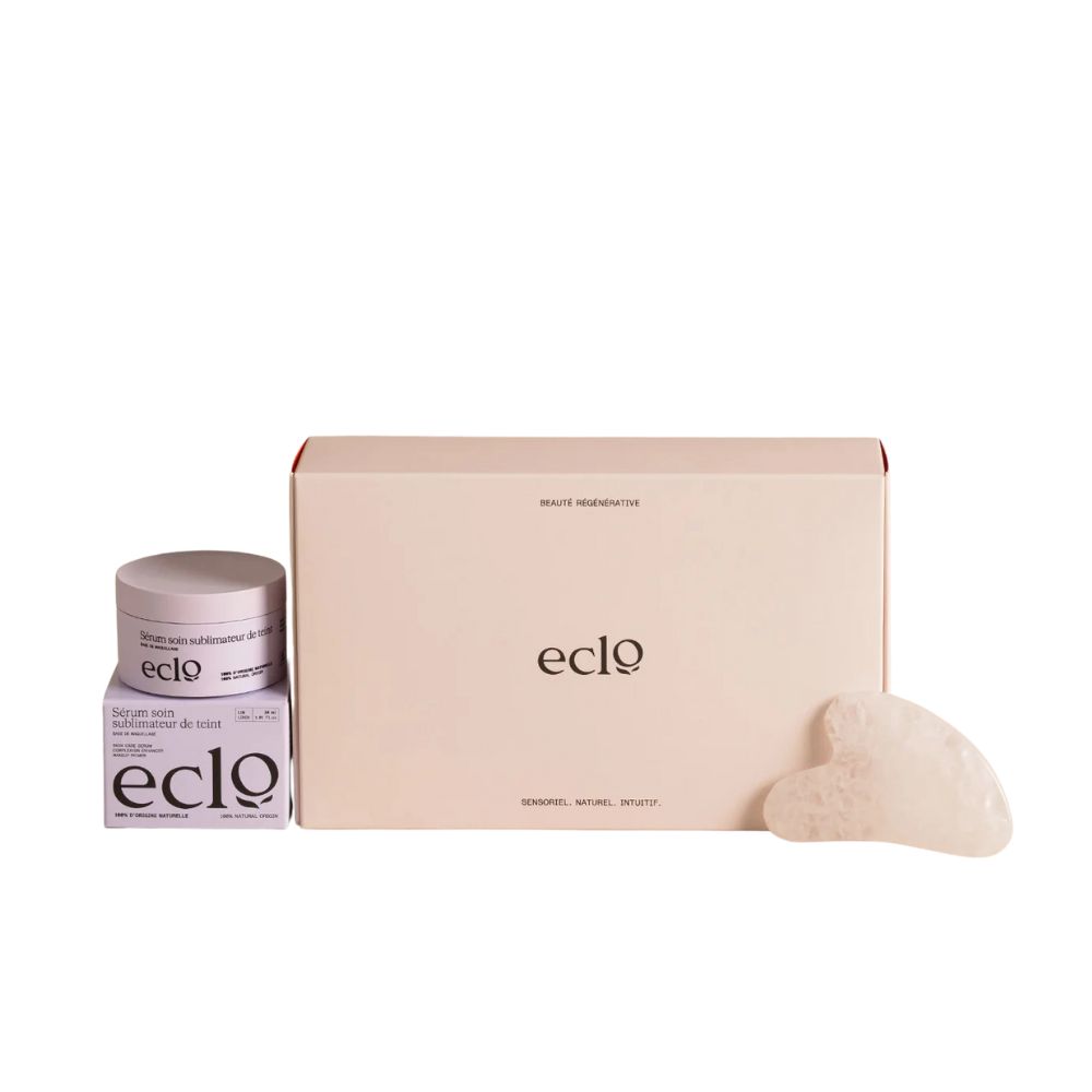 Eclo The Glow Ritual Set. Set mit Creme, Serum und Gua Sha Stein. Verpackung in beiger Box mit Logo. Aufschrift: Beauté régénérante.