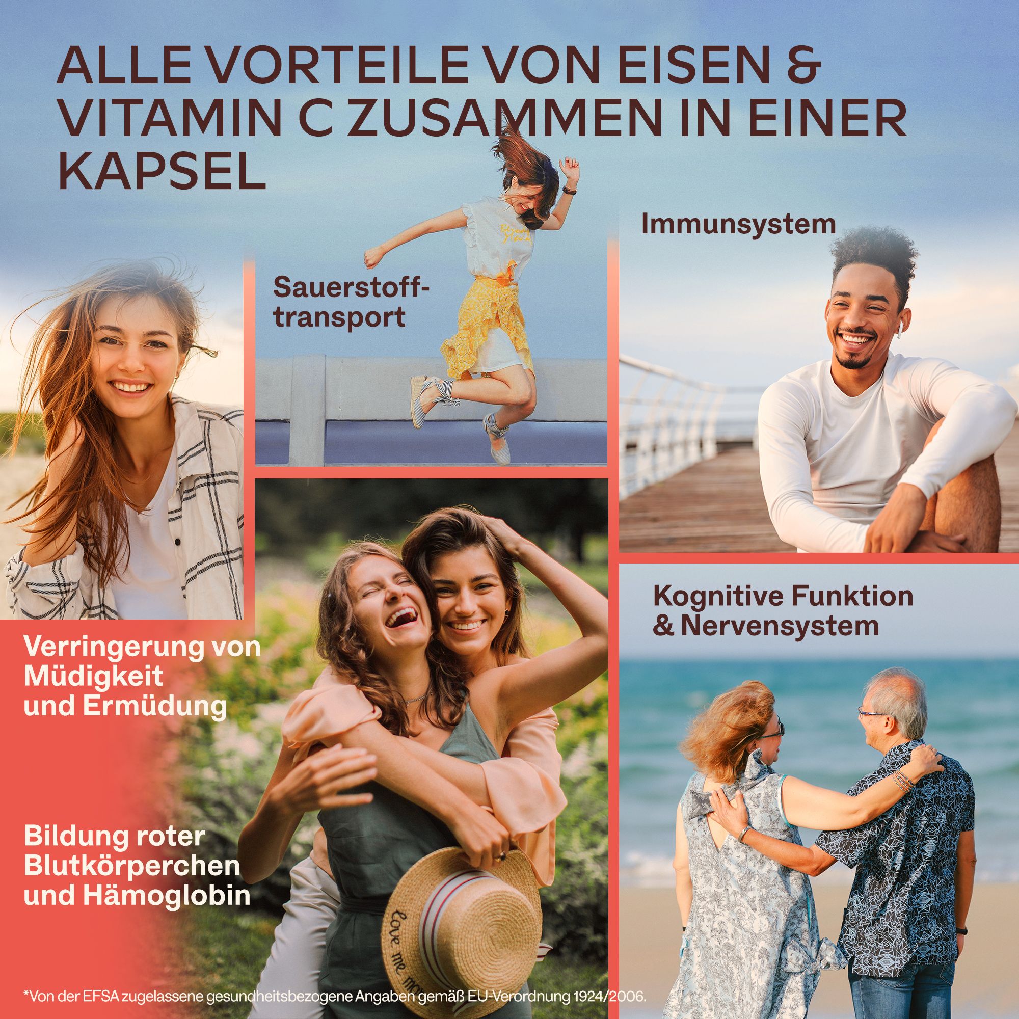 Collage mit Menschen und Text über Vorteile von Eisen und Vitamin C.