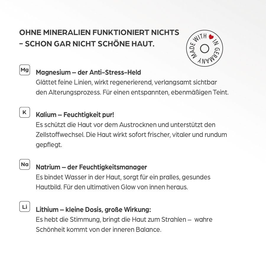 Text mit Inhaltsstoffen. Magnesium, Kalium, Natrium, Lithium. Made with in Germany.