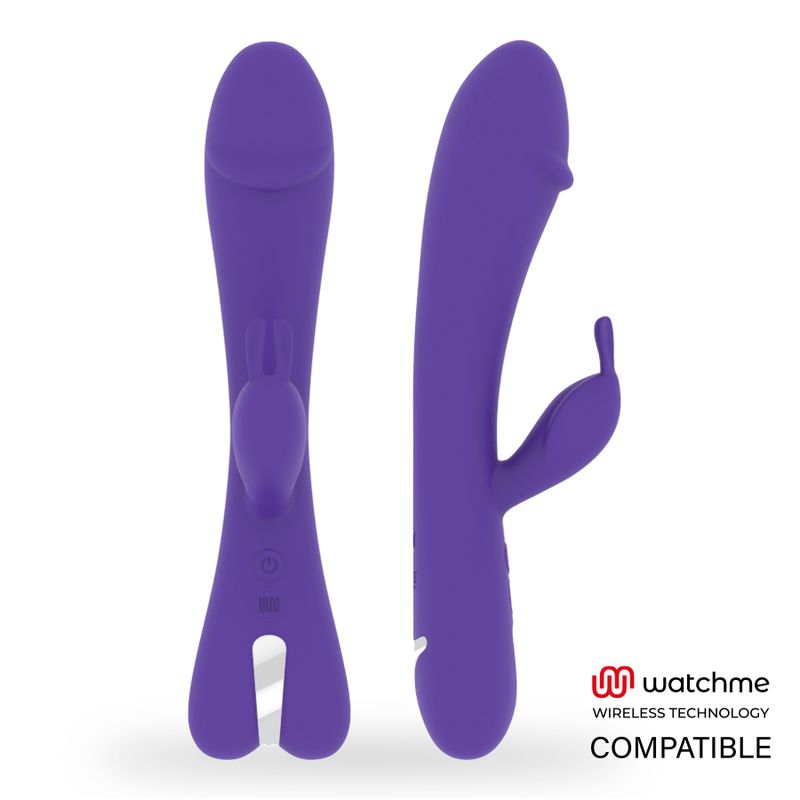 Zwei violette Stimulatoren. Einer hat eine Hasenform, der andere eine gebogene Form. Watchme Wireless Technology kompatibel.