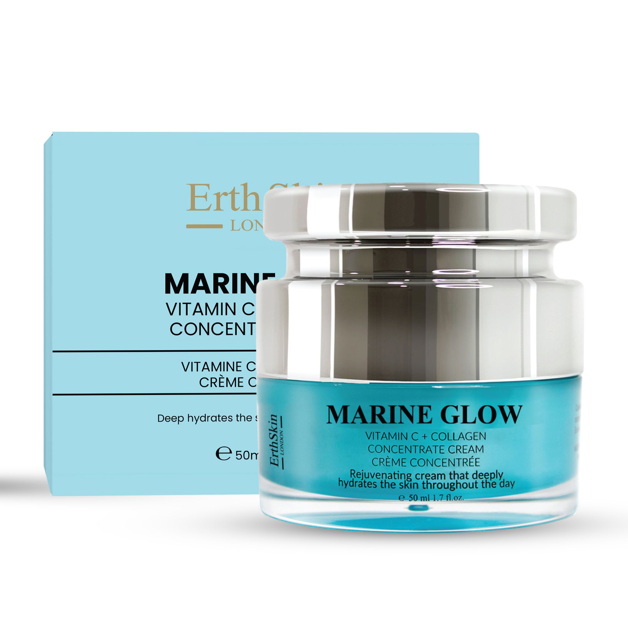 Glasbehälter und Schachtel. Aufschrift: Marine Glow Vitamin C + Collagen Concentrate Cream. Türkisfarbenes Design.