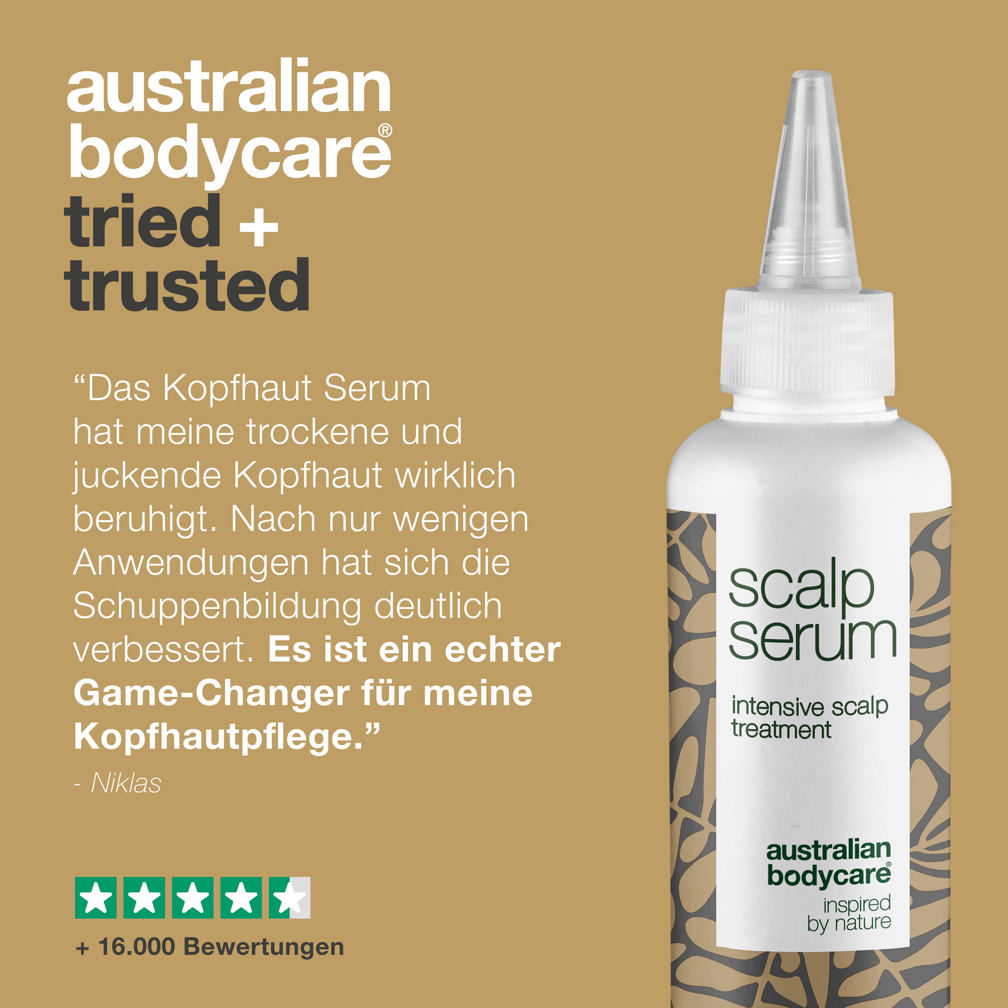 Produkt mit Text. Aufschrift: Scalp Serum. Logo: Australian Bodycare. Text über Vorteile.