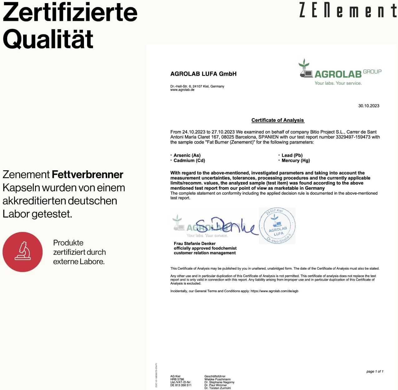 Zertifizierungsdokument von Agrolab LUFA GmbH. Bestätigt die Qualität von Zenement Fettverbrenner Kapseln. Unterschrift von Stefanie Denker.