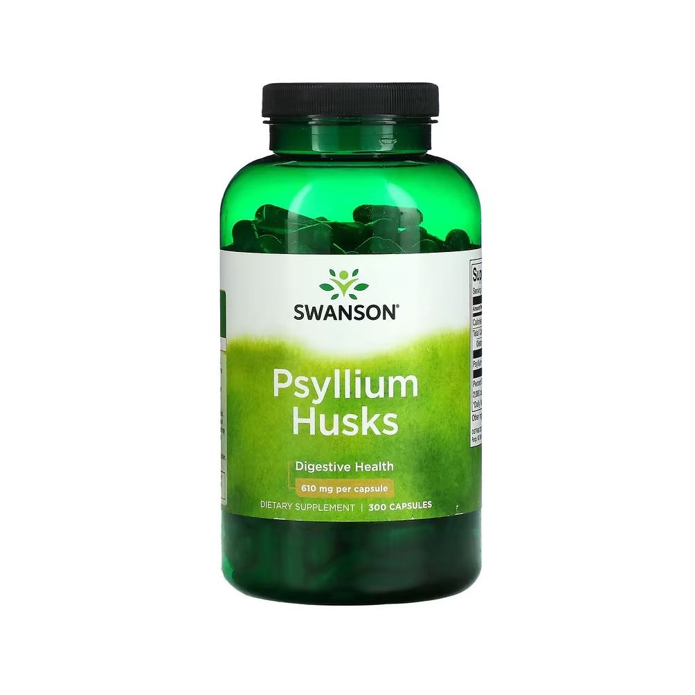 Grüne Flasche mit schwarzen Deckel. Aufschrift: SWANSON, Psyllium Husks, Digestive Health. Kapseln im Inneren sichtbar.