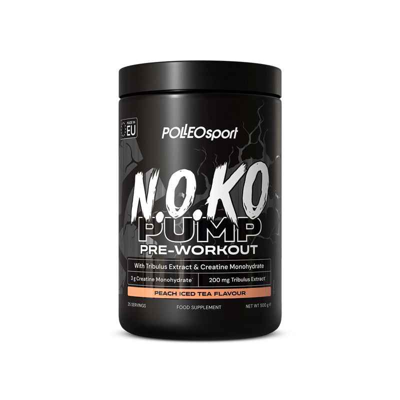Schwarze Dose mit Aufschrift N.O.KO PUMP PRE-WORKOUT. Enthält Tribulus Extrakt und Creatin Monohydrat. Pfirsich Eistee Geschmack.