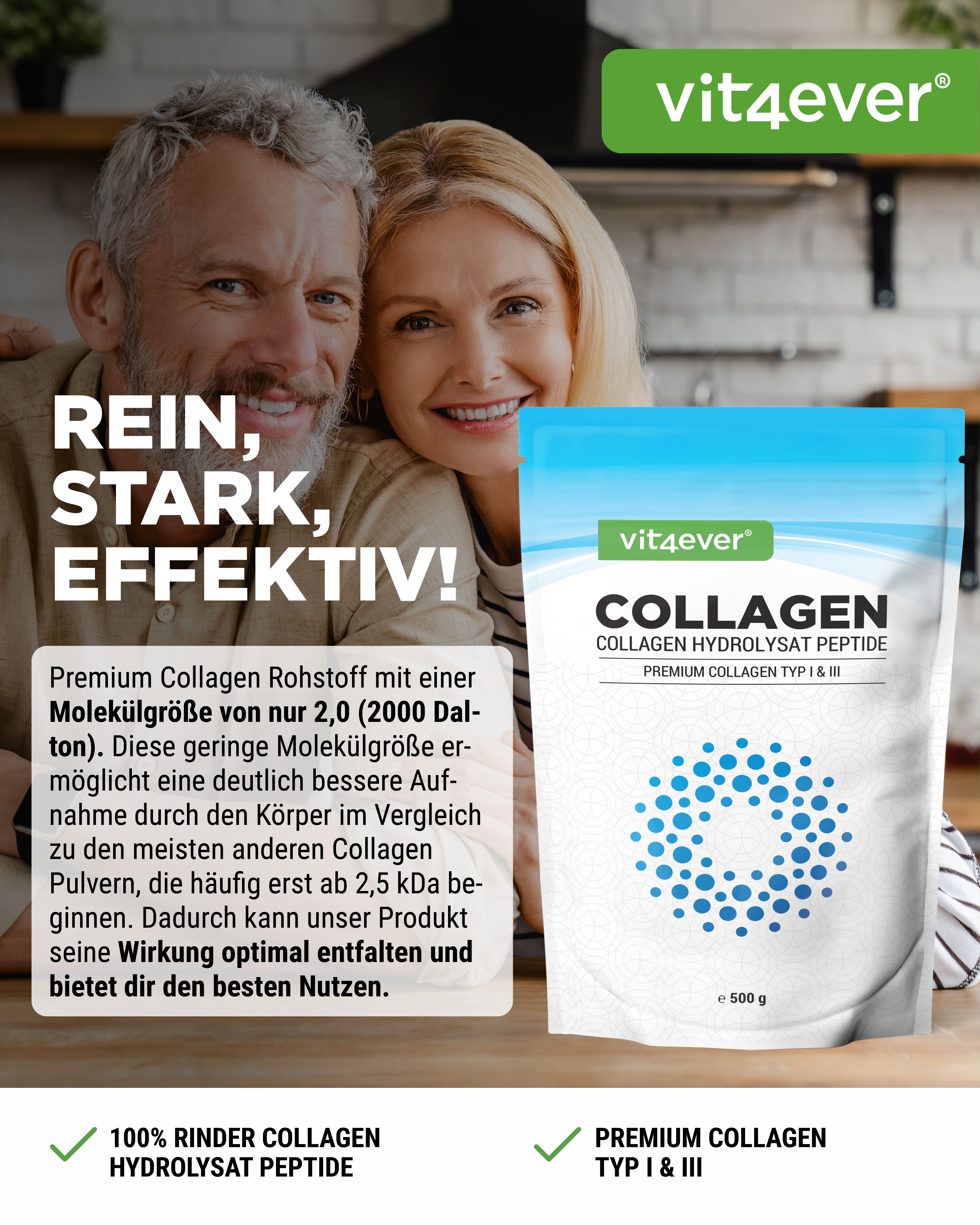 Beutel mit Kollagen Pulver. Aufschrift: vit4ever, Collagen, Premium Collagen Typ I & III. 500g. Paar im Hintergrund.