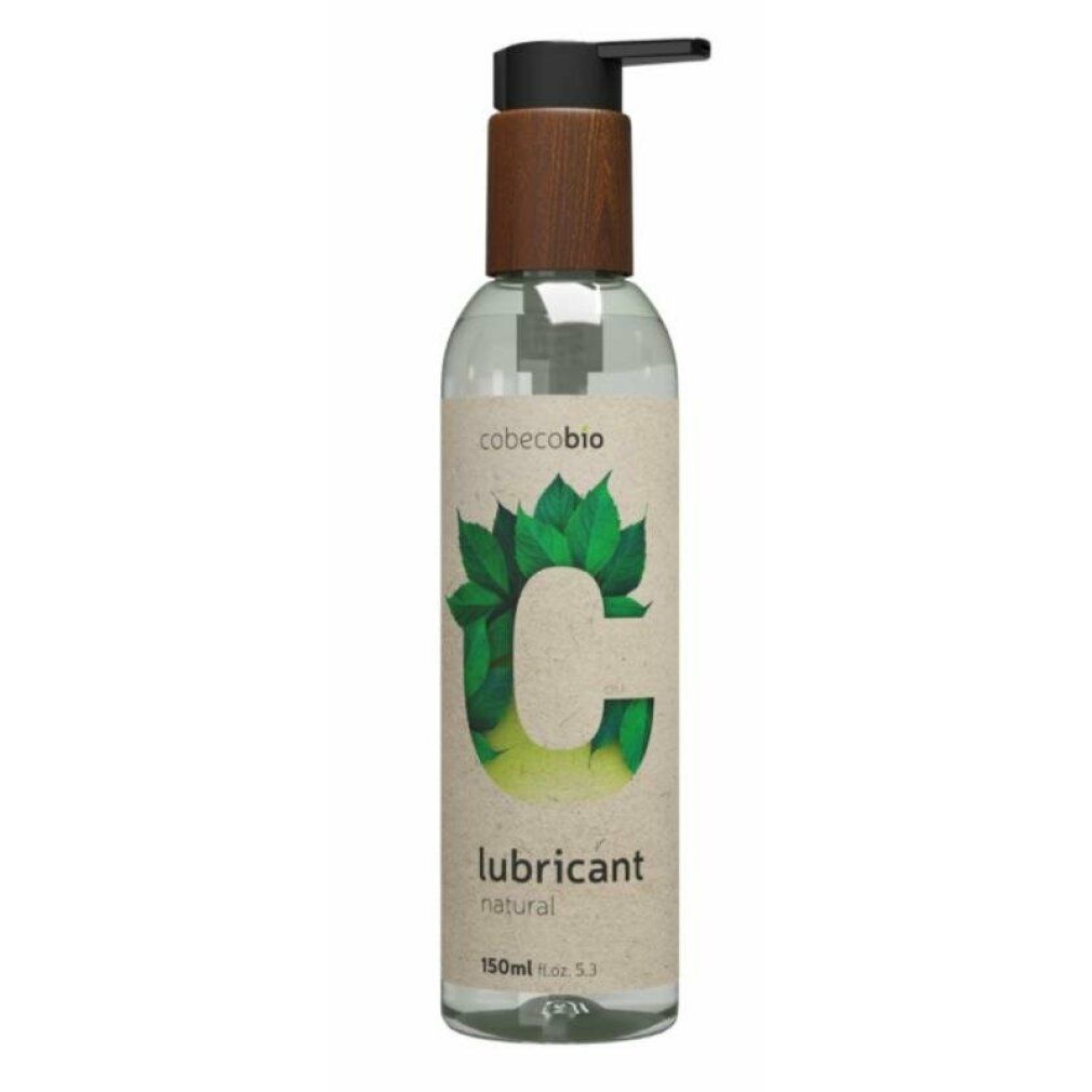 Klare Flasche mit braunem Holzdeckel und schwarzem Pumpkopf. Etikett mit grünem Blattmotiv und Schriftzug "lubricant natural".