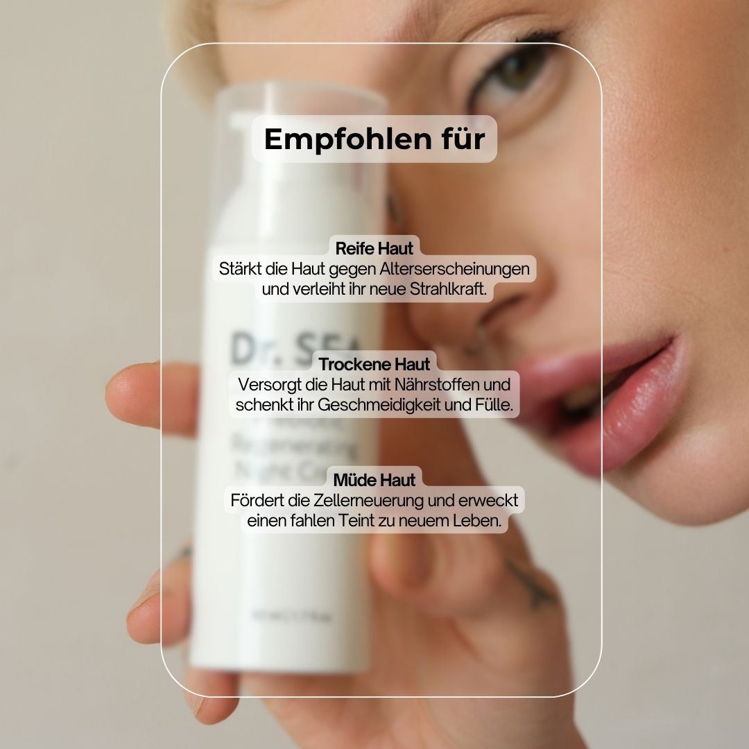 Frau hält Creme-Flakon. Text: Empfohlen für: Reife Haut, Trockene Haut, Müde Haut.