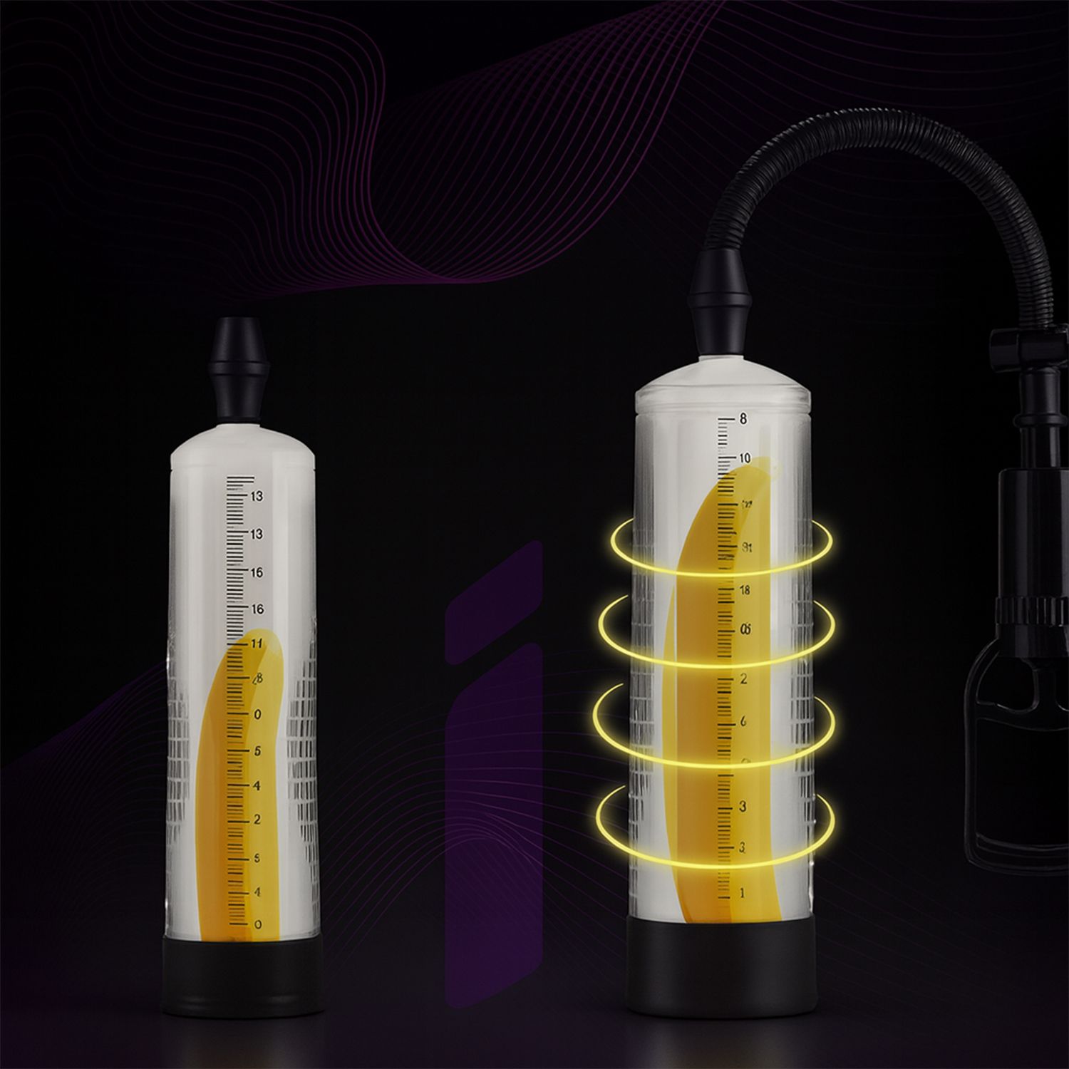 Penispumpe mit Banane im transparenten Zylinder. Der Zylinder hat eine Skala. Schwarzer Griff und flexibler Schlauch. Gelbe Kreise um die Banane.